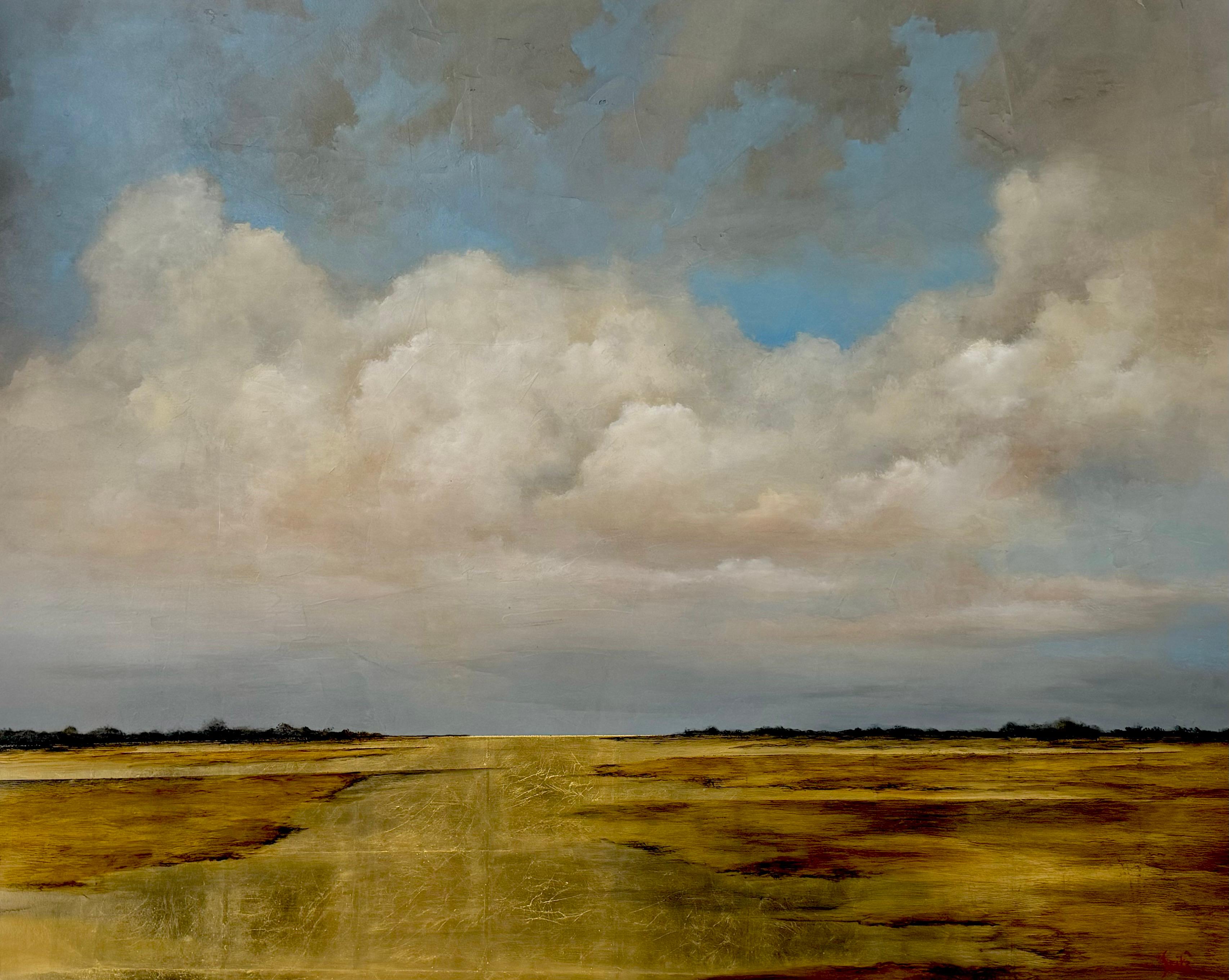 Von Here to There von Jim Seitz, horizontales Landschaftsgemälde mit Blattgold
