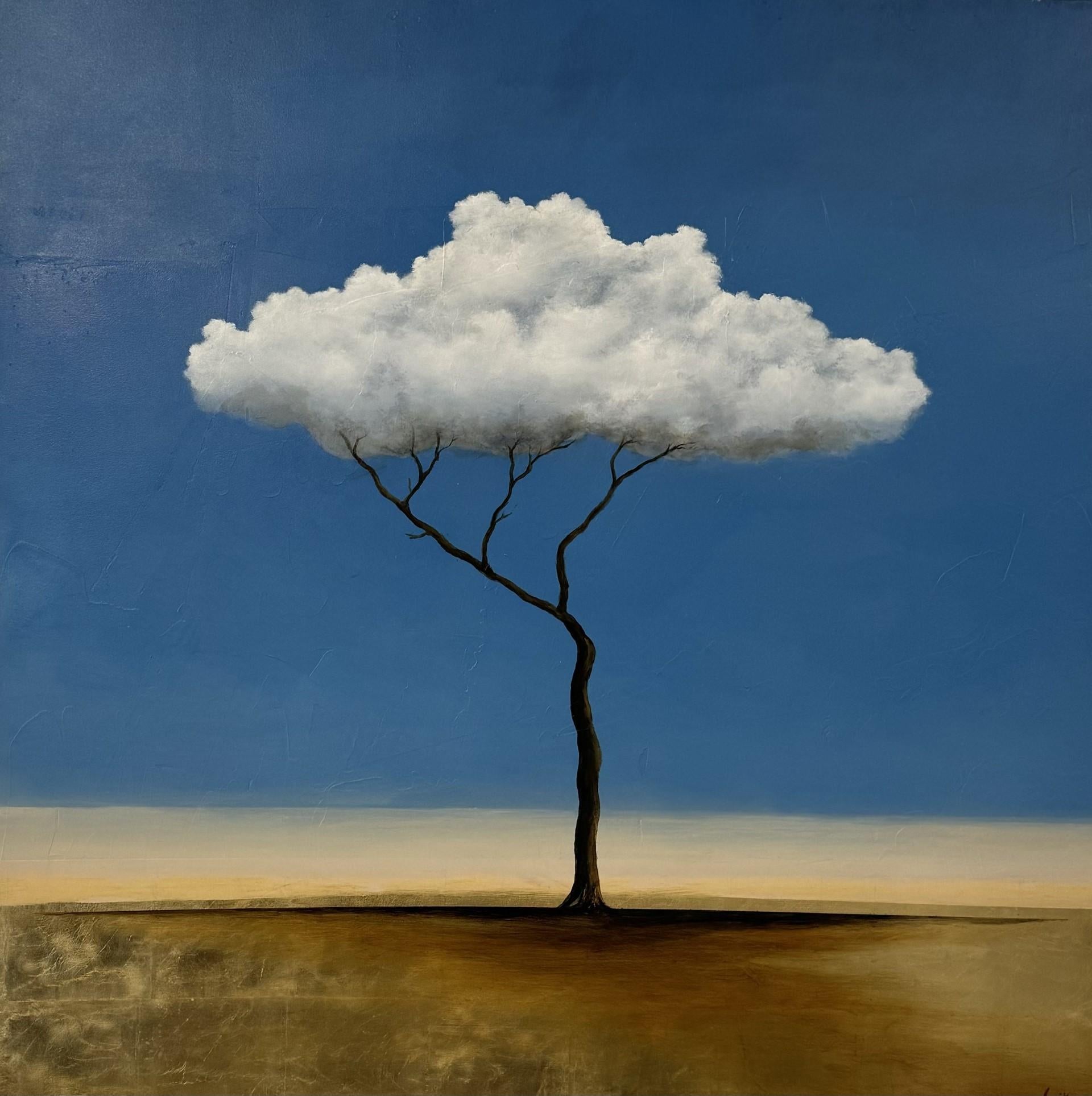 'Lost in the Clouds' is a large acrylic and gold leaf on canvas landscape painting of square format created by American artist Jim Seitz in 2023. Featuring a gold, grey, white and blue palette, the painting gives great importance to the white tree.