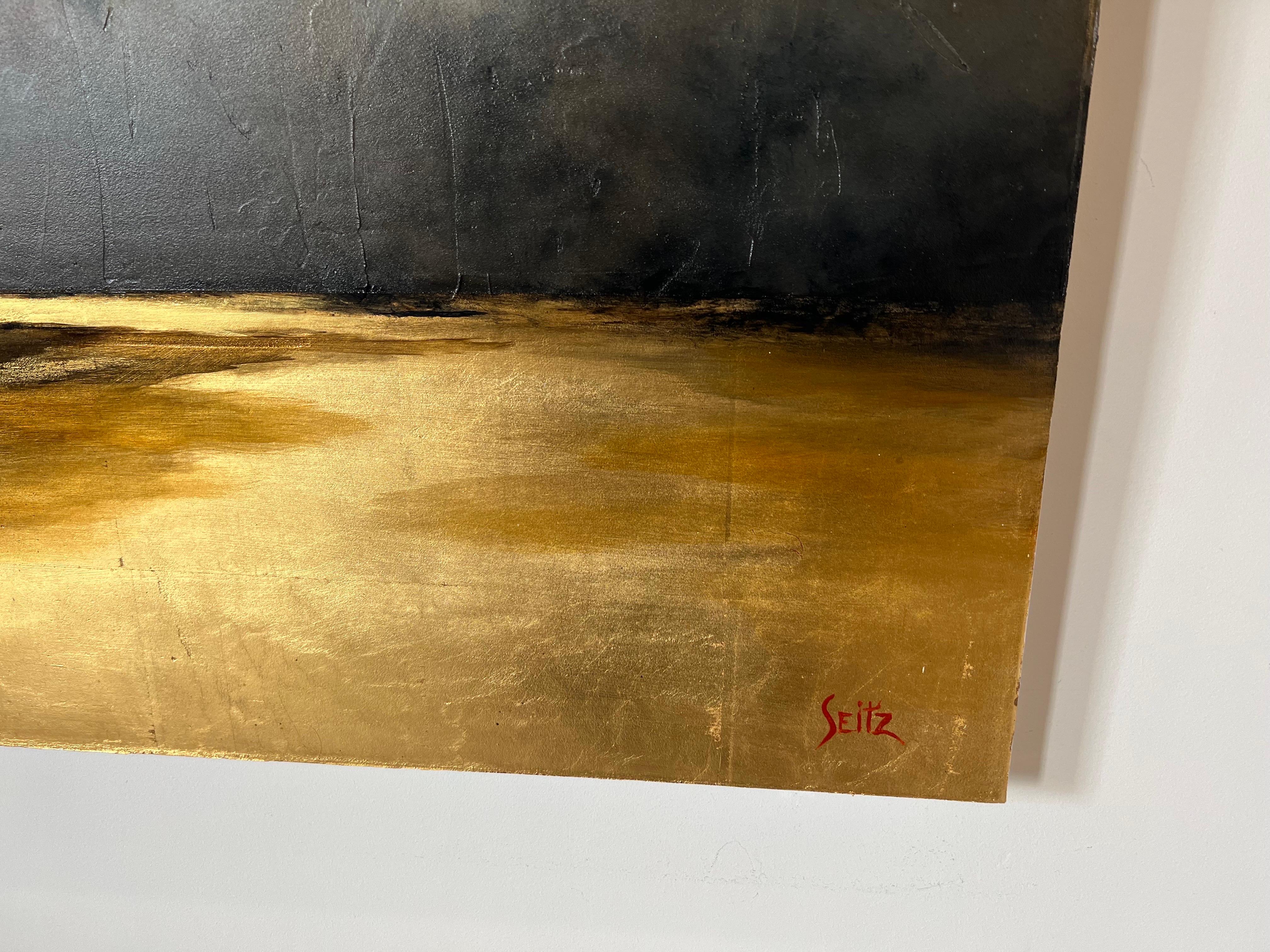 'Remember Me' is a large acrylic and gold leaf on canvas landscape painting of vertical format created by American artist Jim Seitz in 2022. Featuring a gold, grey, peach and blue palette, the painting gives great importance to the sky with a tree