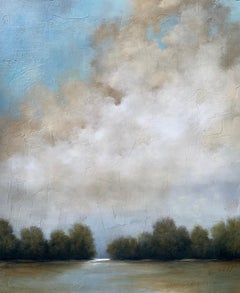Brise d'été de Jim Seitz:: grande peinture de paysage verticale:: feuille d'argent