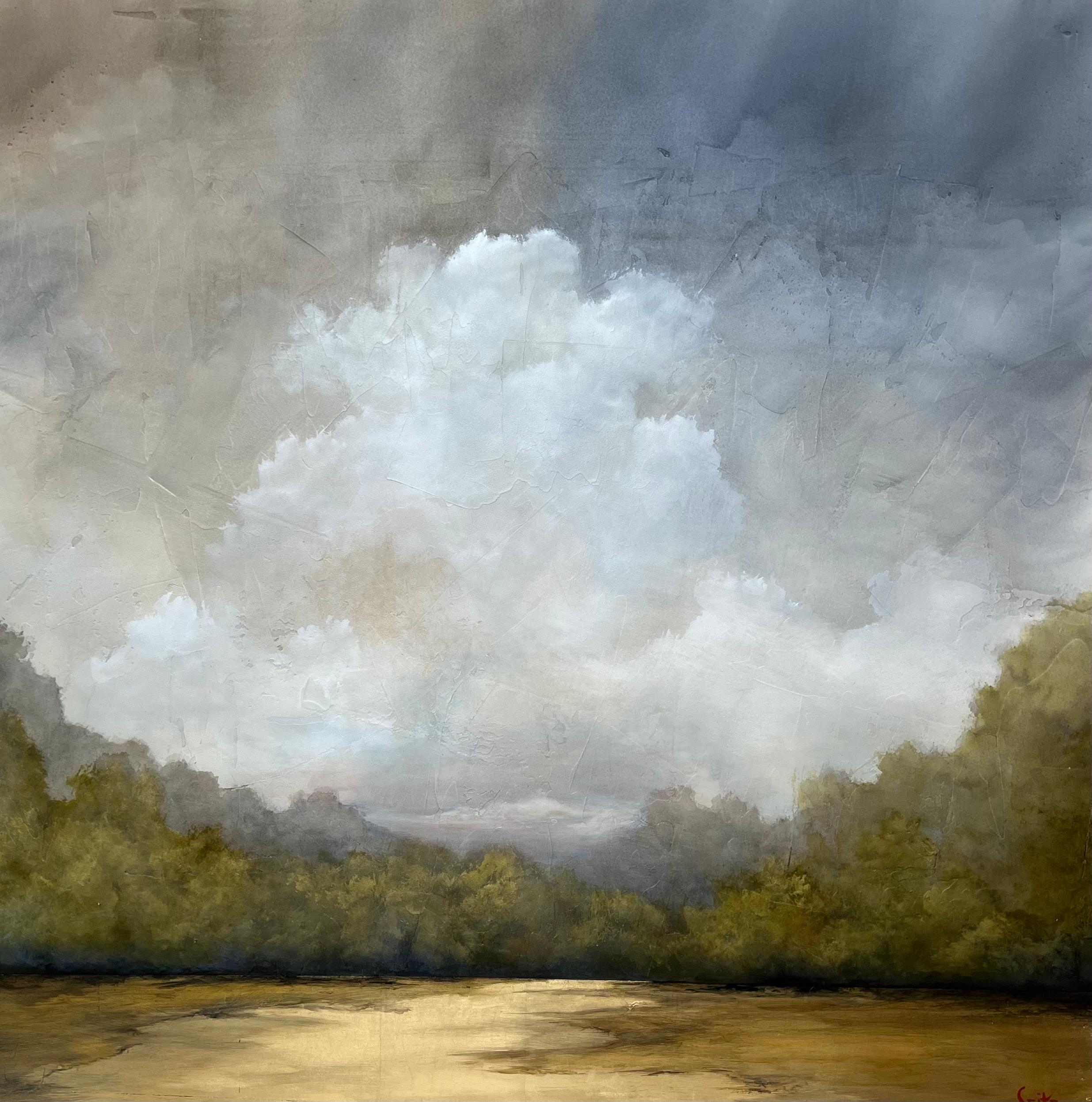 'Tomorrow's Gift' est une grande peinture de paysage en acrylique et feuille d'or sur toile de format vertical créée par l'artiste américain Jim Seitz en 2022. Doté d'une palette d'or, de gris et de bleu, le tableau accorde une grande importance au