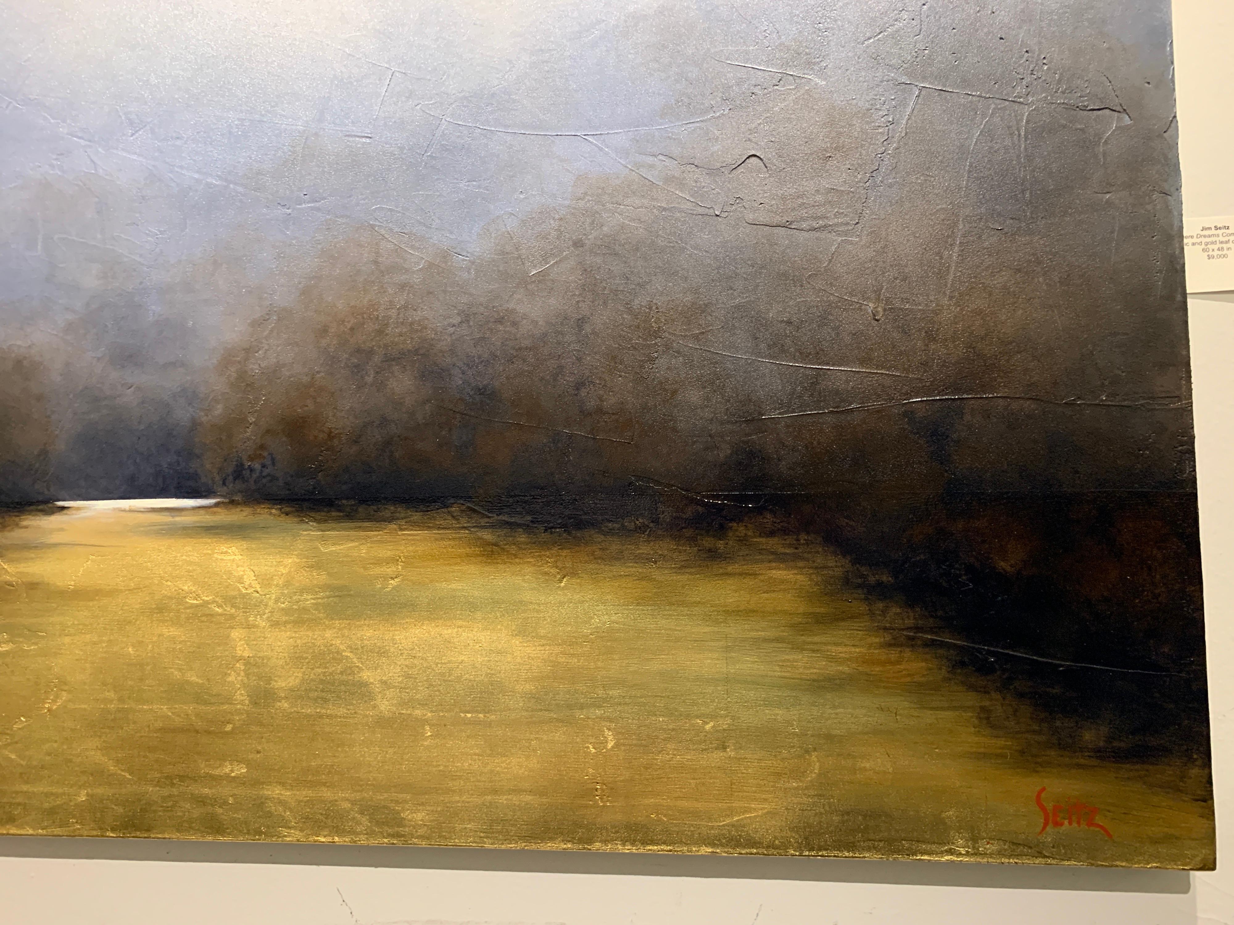 'Where Dreams Come From' is a large acrylic and gold leaf on canvas landscape painting of vertical format created by American artist Jim Seitz in 2020. Featuring a gold, grey and blue palette, the painting gives great importance to the sky, shifting