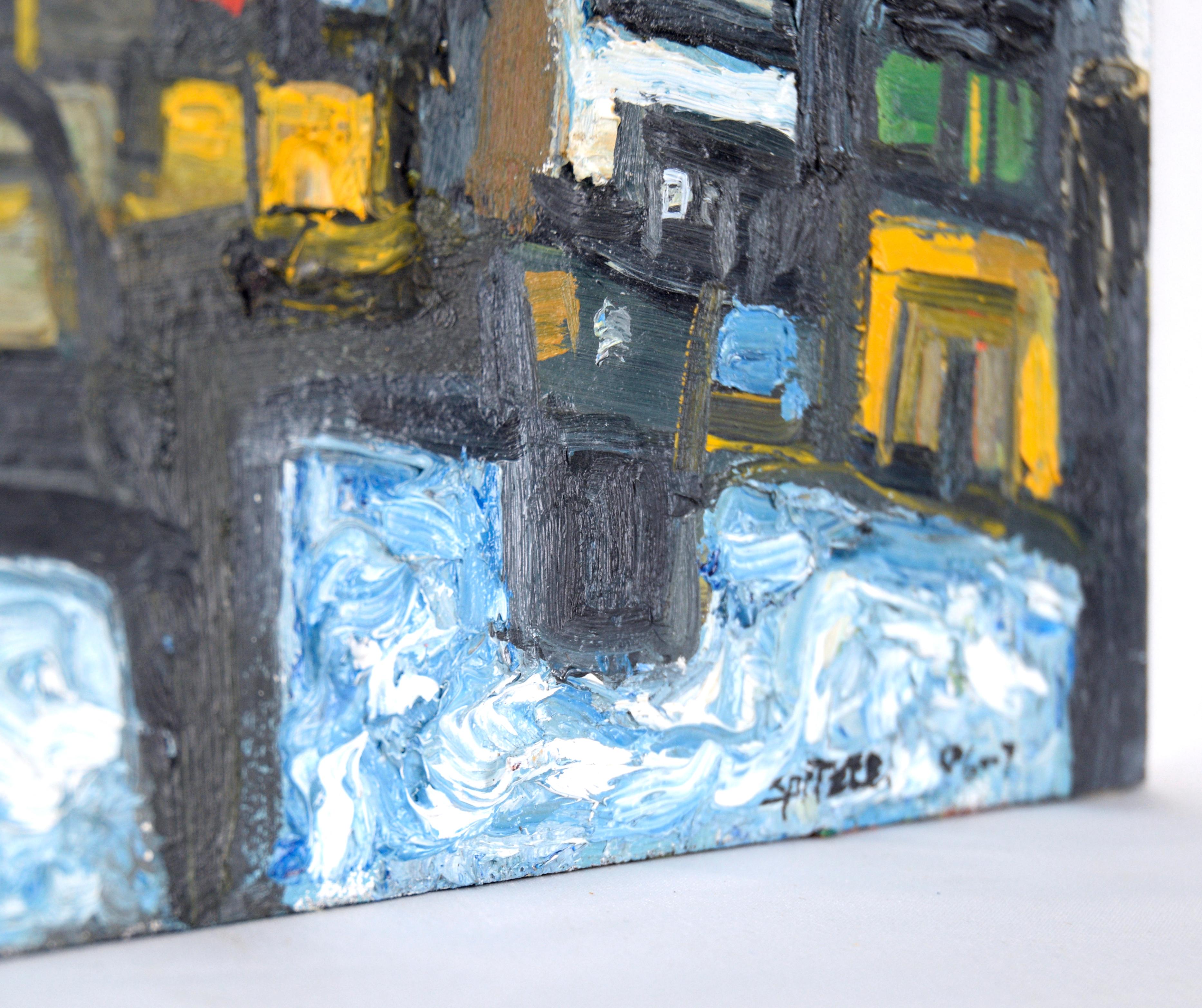 Abstract Surrealist Harbor Cityscape - Oil on Board For Sale 3