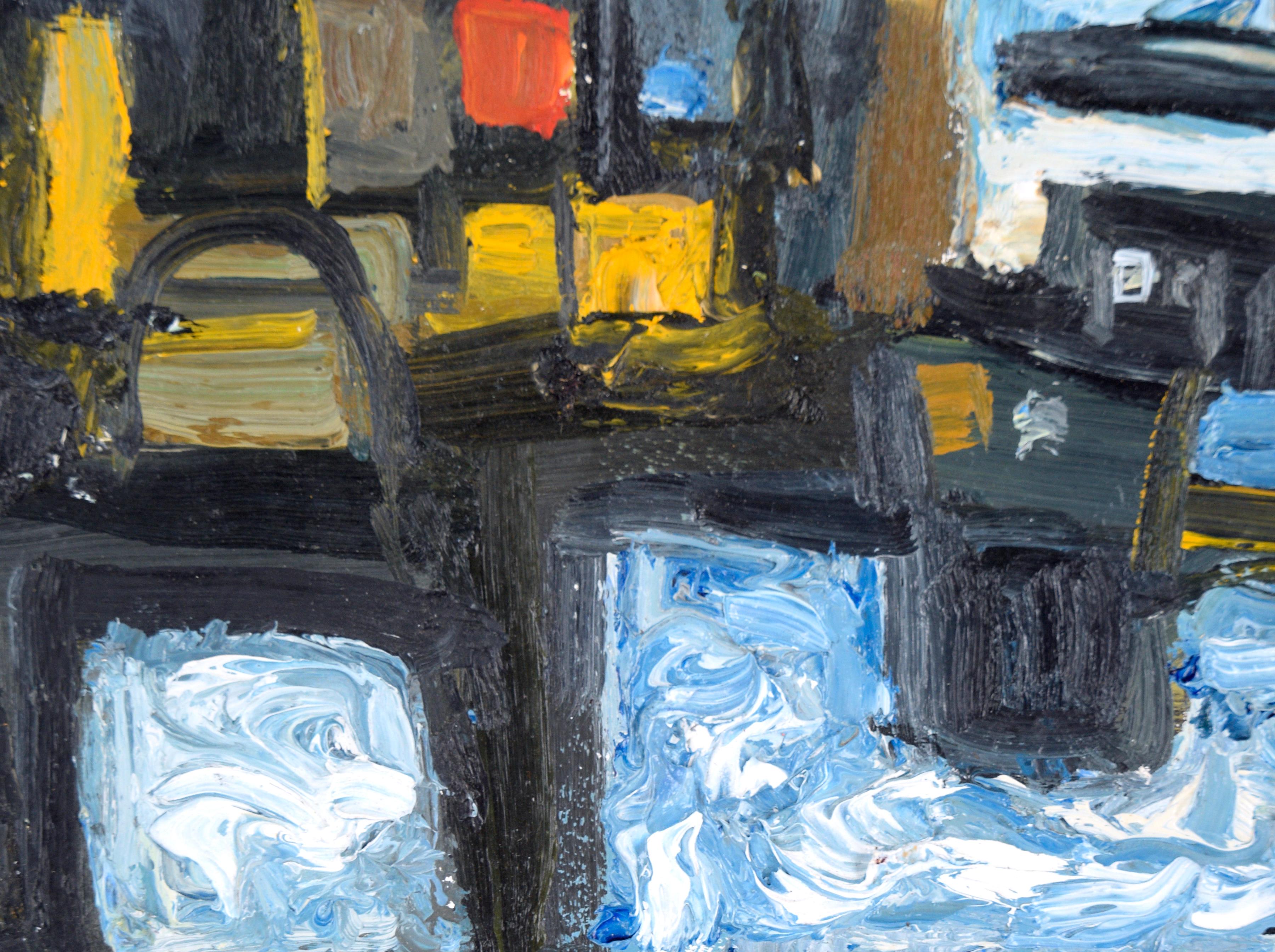 Abstract Surrealist Harbor Cityscape - Oil on Board - Post-Impressionist Painting by Jim Spitzer