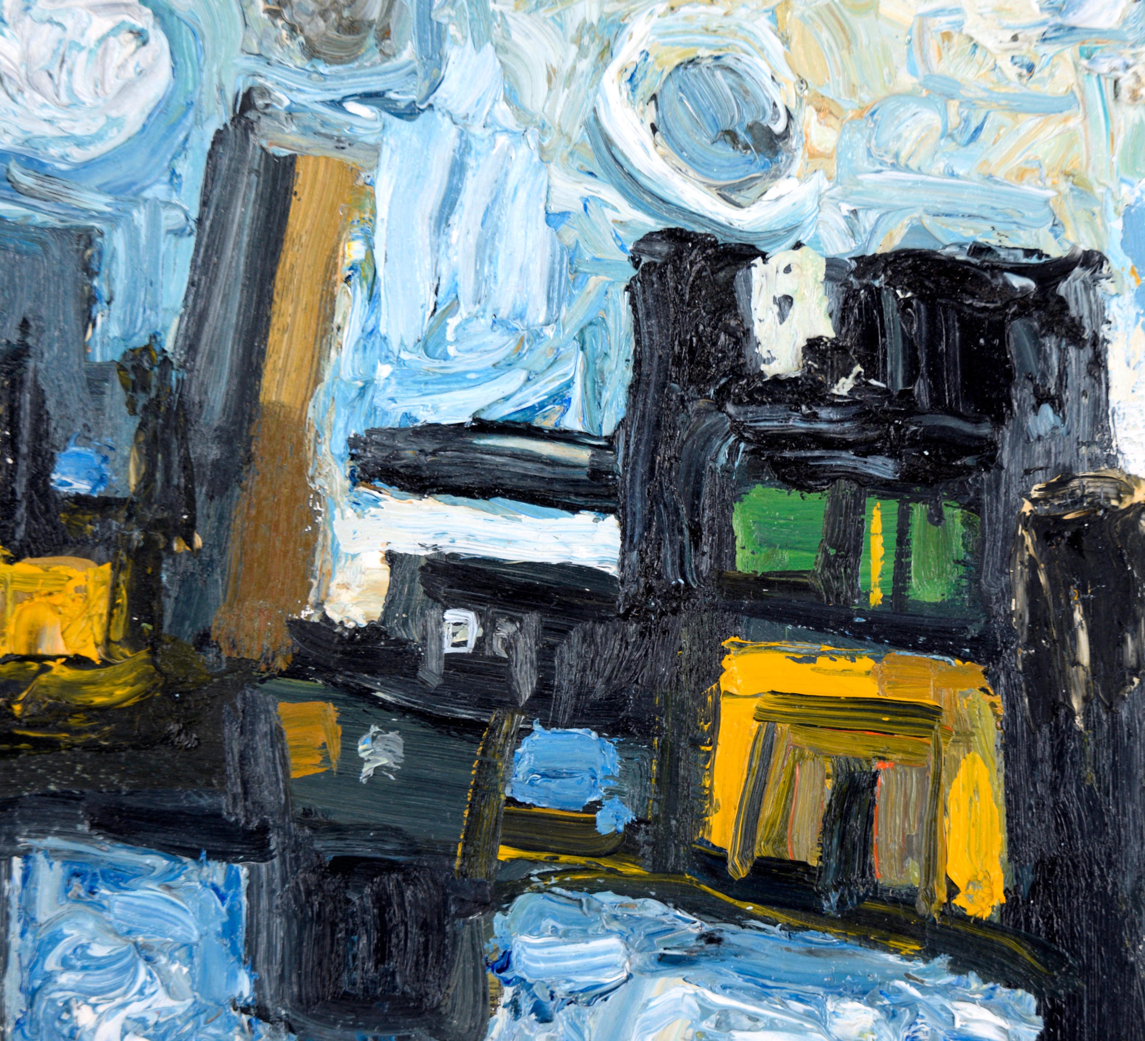 Abstract Surrealist Harbor Cityscape - Oil on Board - Gray Landscape Painting by Jim Spitzer