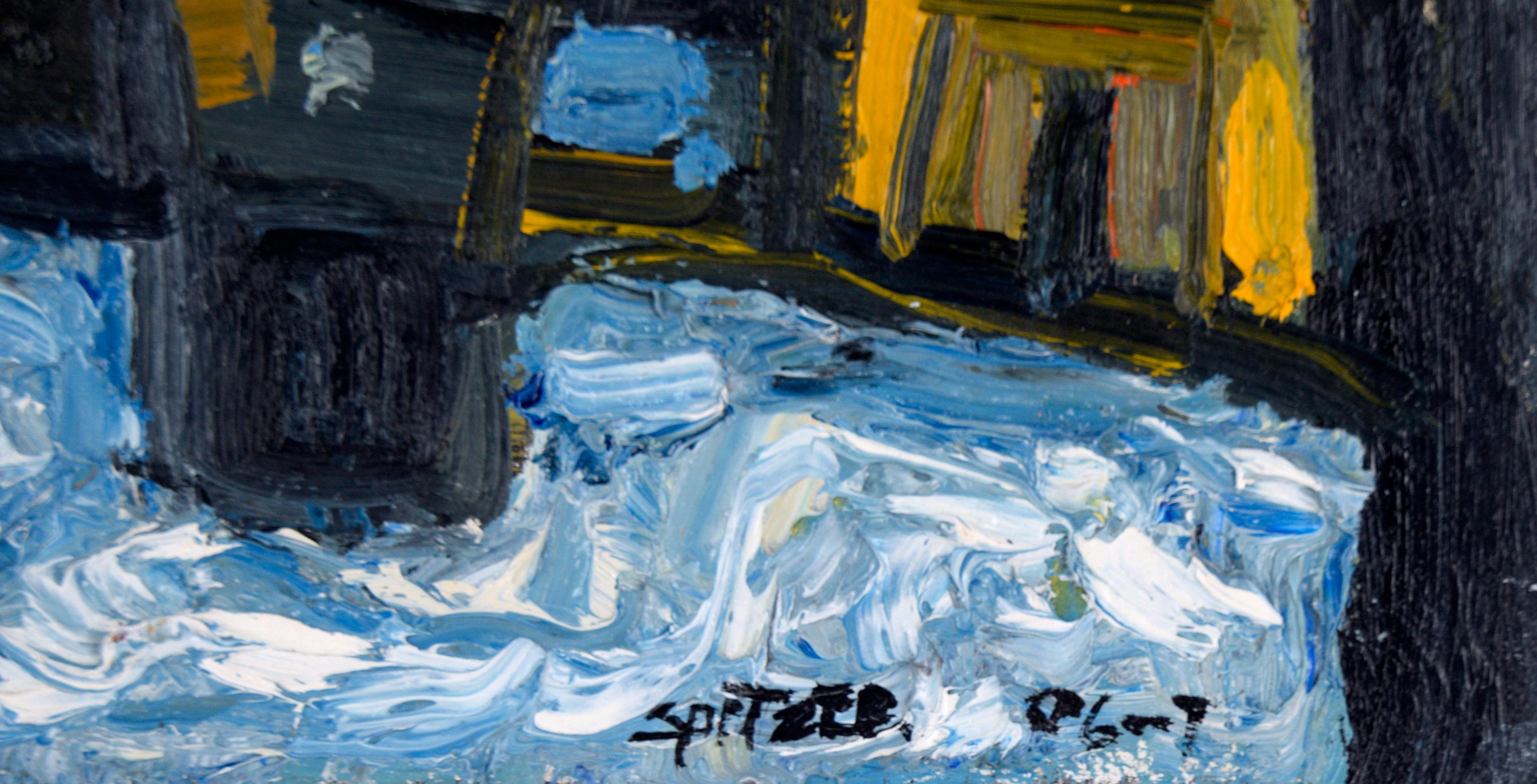 Heavy impasto and strong contrasting colors create a strong piece by Jim Spitzer (American, 1936-2018). Above a dark cityscape, a swirling, richly textured sky is filled with blue, white, yellow, and grey. The city below is created from heavy black