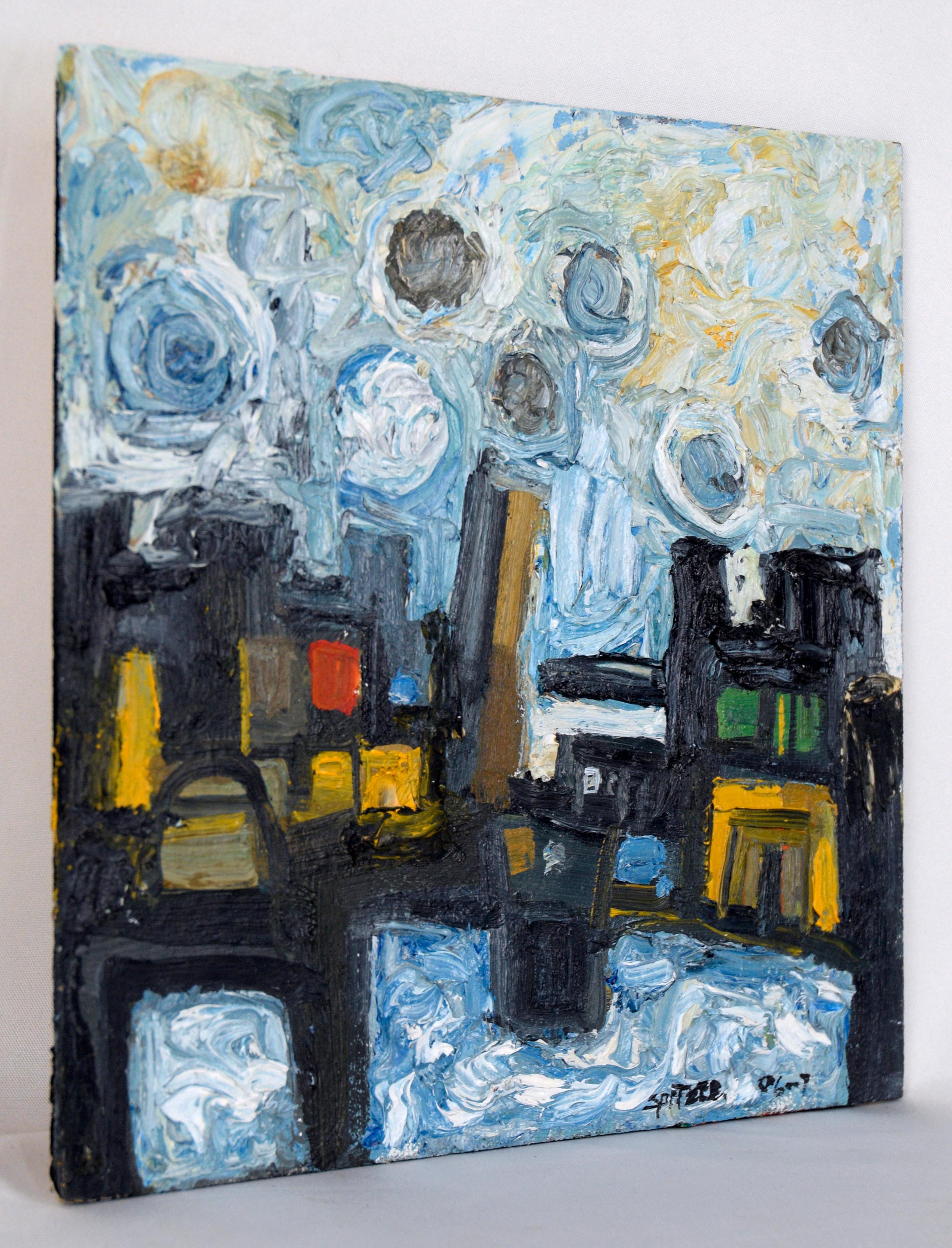 Abstract Surrealist Harbor Cityscape - Oil on Board For Sale 1