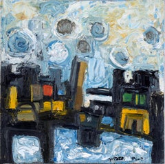 Paisaje urbano portuario abstracto surrealista - Óleo sobre tabla
