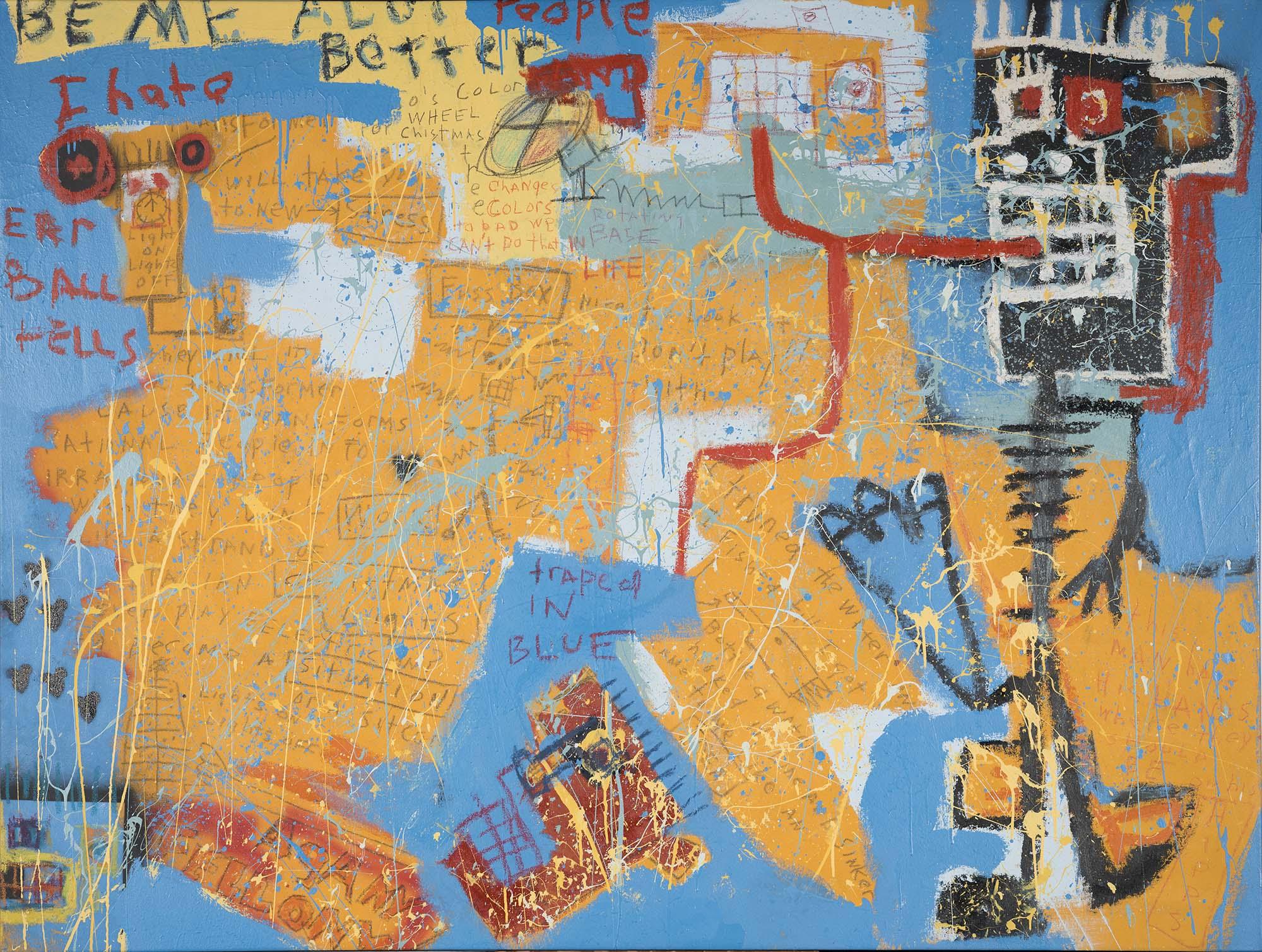 "Ohne Titel", Mischtechnik des Künstlers Jim Stella auf in die Galerie verpackter Leinwand
