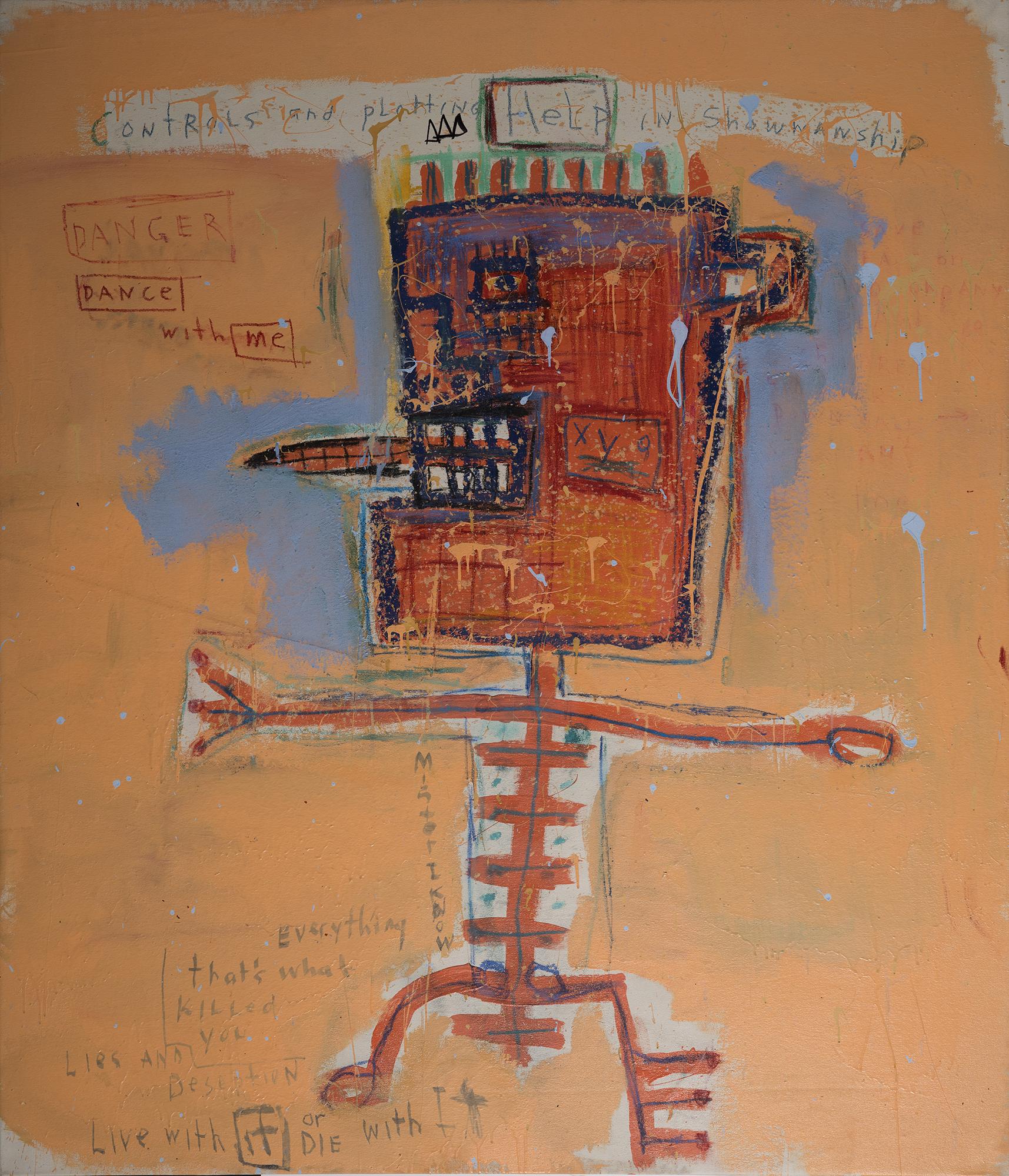 "Untitled" mixed media artwork, including graphite, oil stick, acrylic paint, oil paint and oil pastels, on gallery-wrapped canvas by artist Jim Stella. Signed Jim Stella and dated 2020 on verso. Text includes "Controls and plotting help in