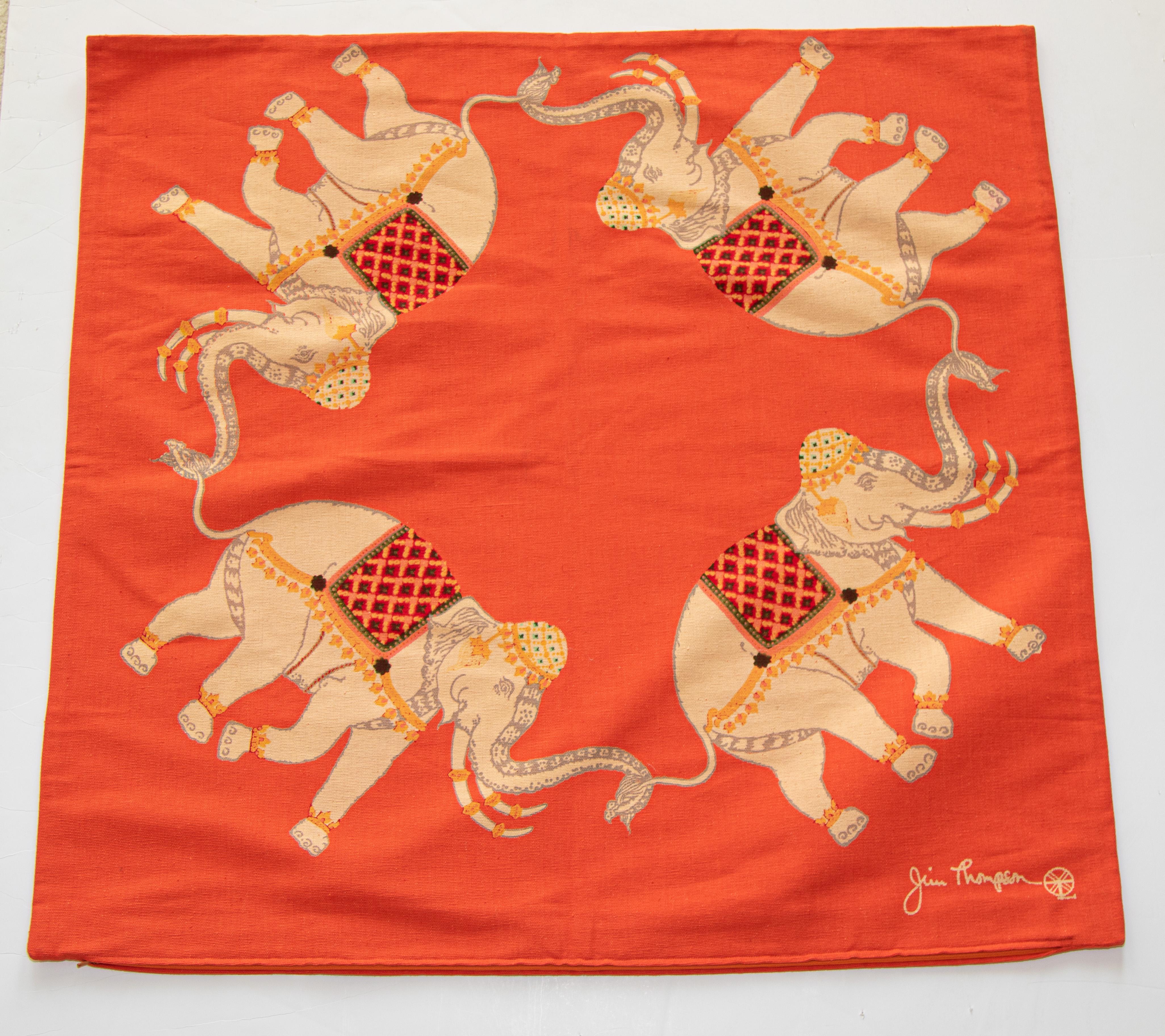 Jim Thompson Burnt Orange Large Floor Pillow Cover with Elephant Print For Sale 3