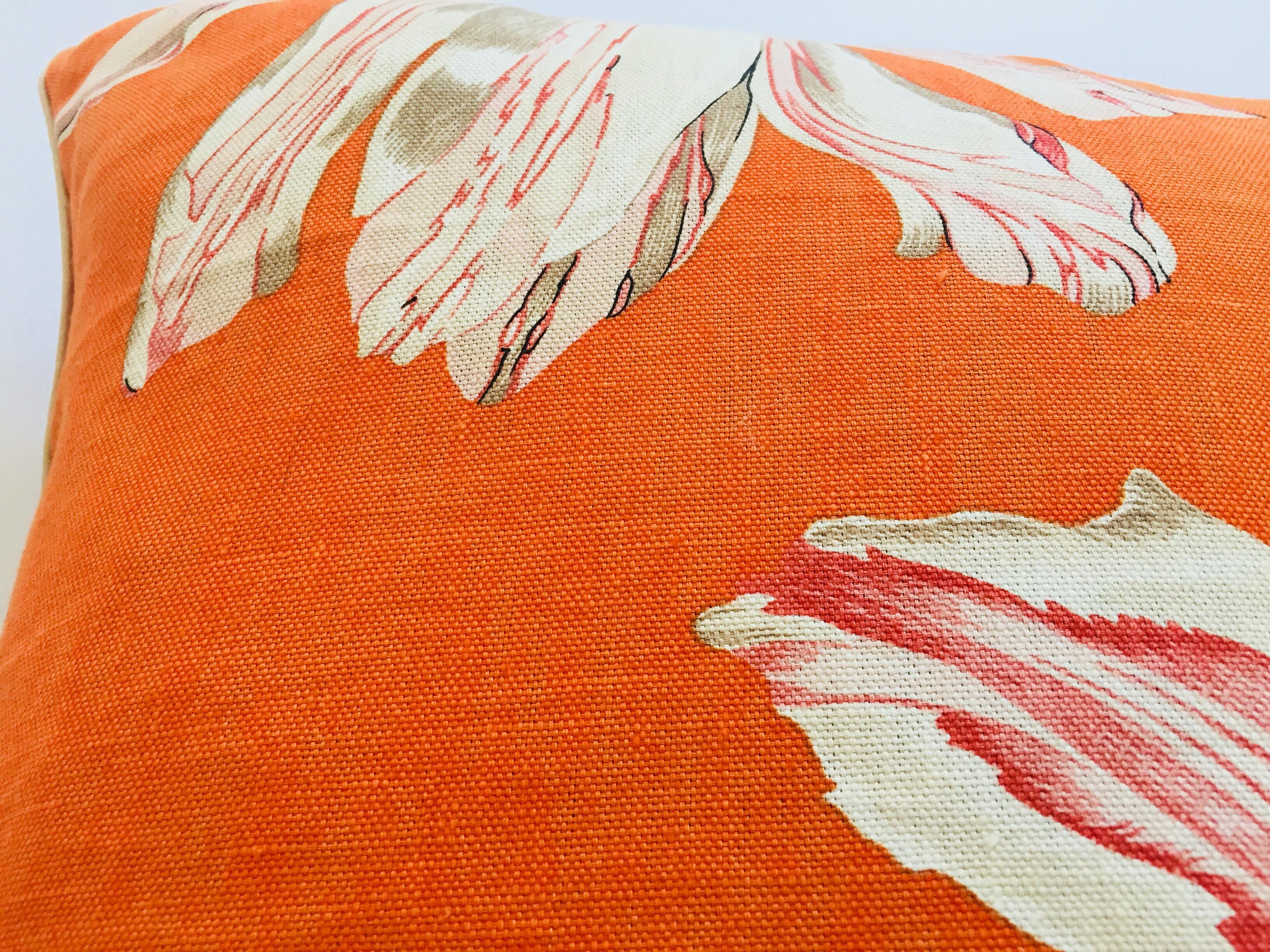 Modern Jim Thompson Orange Designer Decorative Pillow with Lotus Flower Print