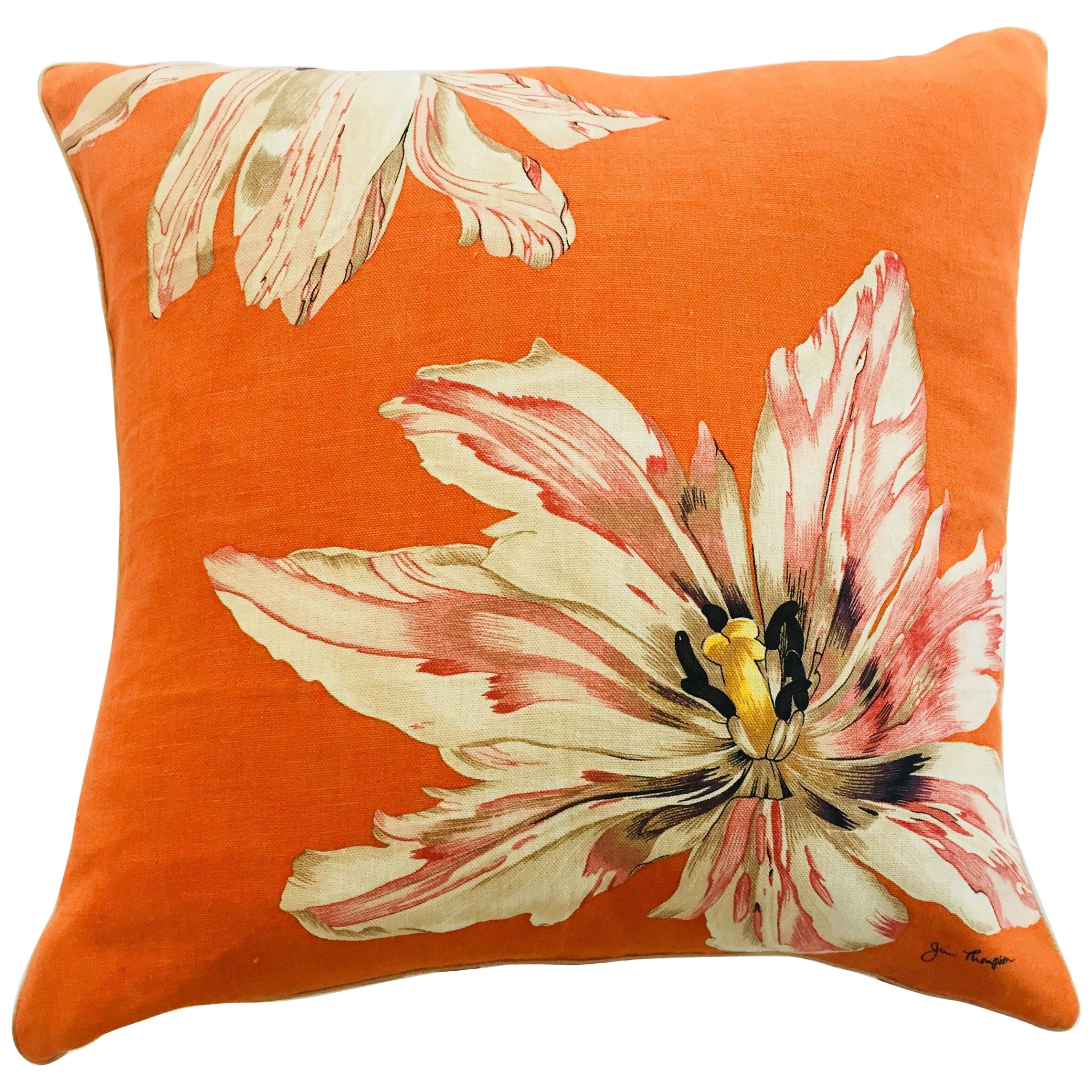 Jim Thompson Orange Designer Decorative Pillow with Lotus Flower Print