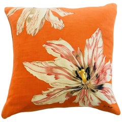 Vintage Jim Thompson Orange Designer Decorative Pillow with Lotus Flower Print