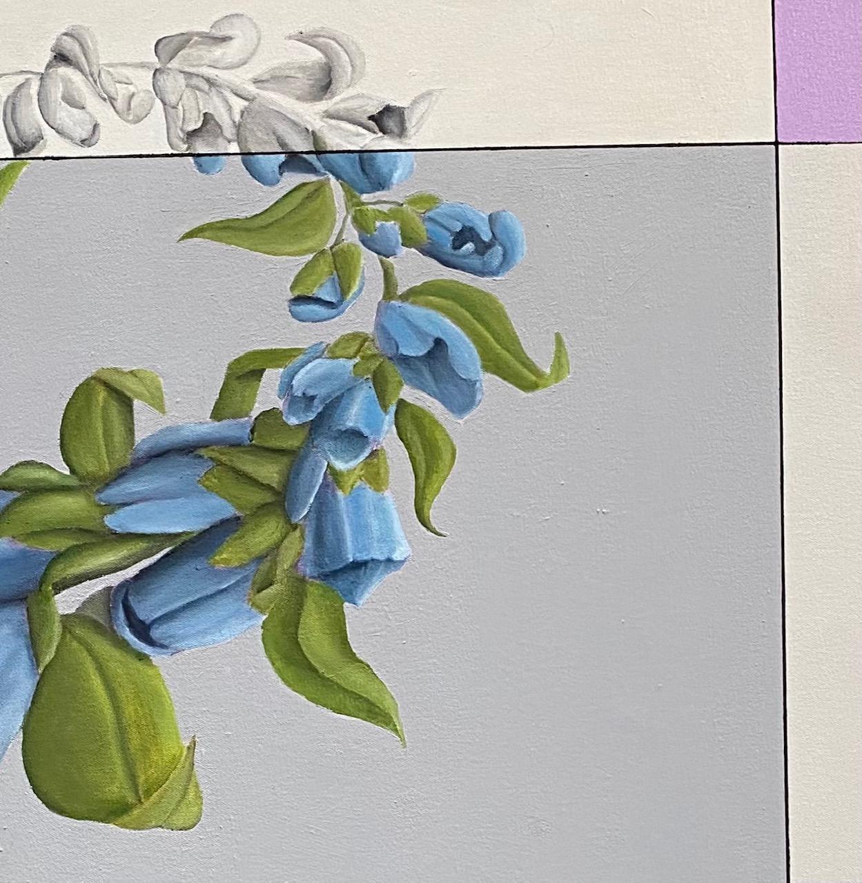 With an art nouveau flair, artist Jim Twerell has given this foxglove hybrid floral a contemporary presence.   The curvature of the teal blue conical petals and stems juxtaposed with the geometric under pinning graphics in lavender, gray, purple and