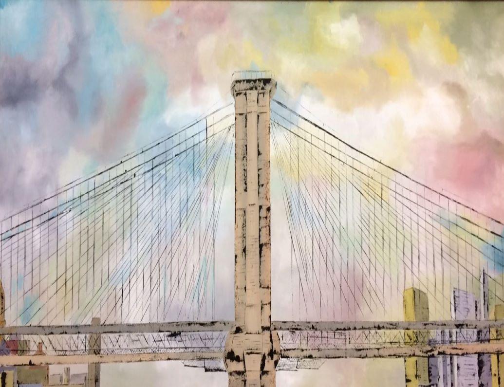 Ponte di Roebling, paesaggio espressionista originale di Brooklyn NYC 27x66 - Painting di Jim Twerell