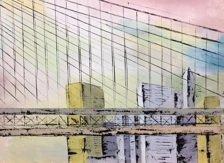 Roebling's Bridge, original 27x66 expressionist landscape of Brooklyn NYC - Expressionist Painting by Jim Twerell