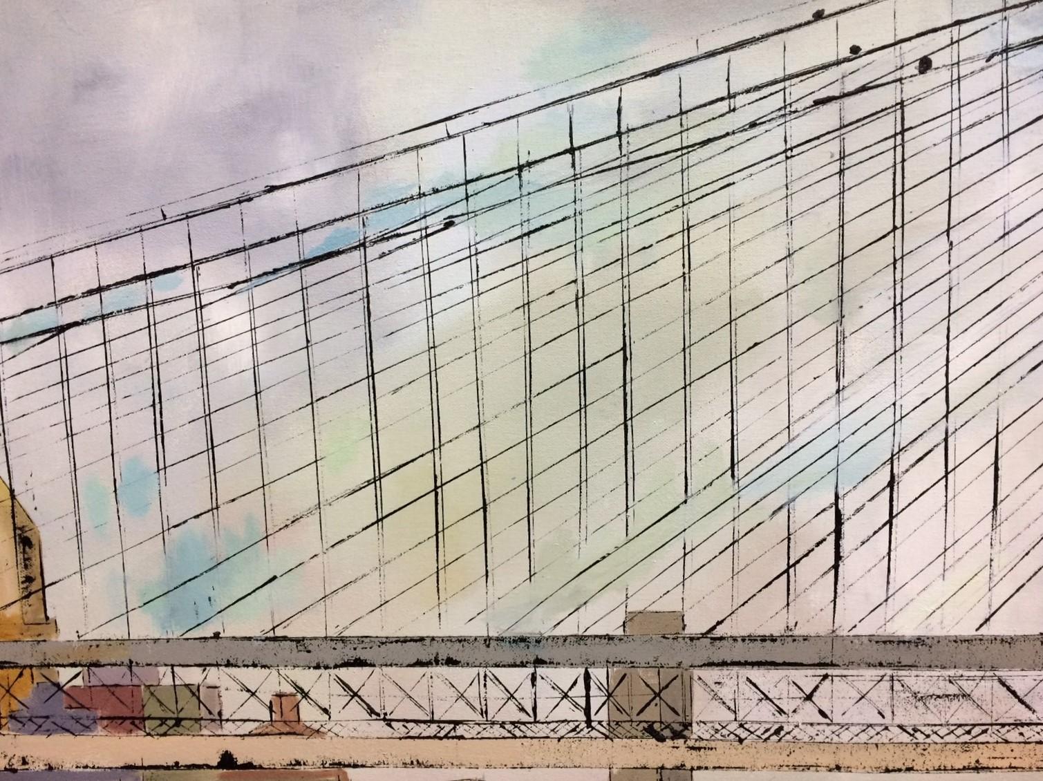 Ponte di Roebling, paesaggio espressionista originale di Brooklyn NYC 27x66 - Landscape Painting Beige di Jim Twerell