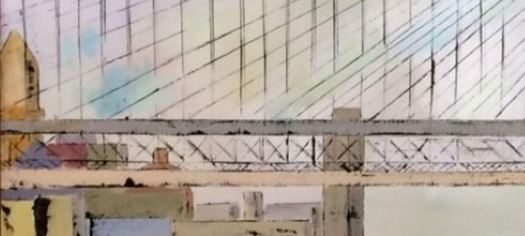 Ponte di Roebling, paesaggio espressionista originale di Brooklyn NYC 27x66 in vendita 1