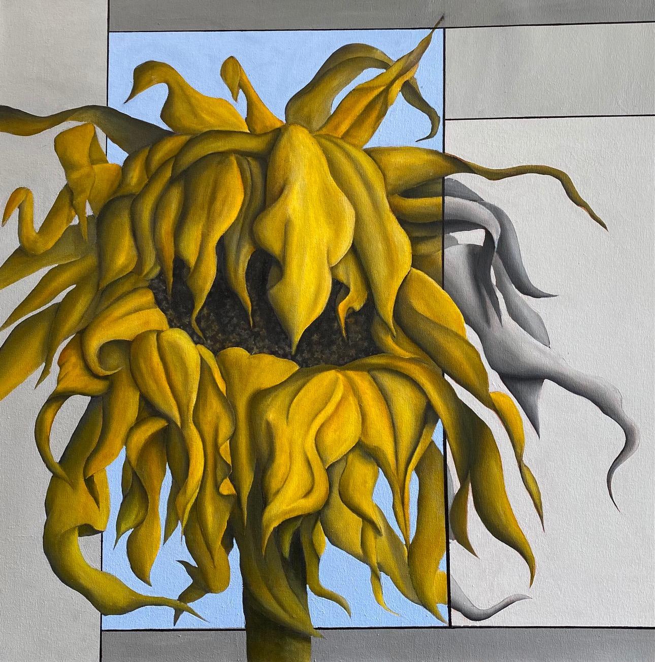 Sunflower, 36x36 original contemporary floral still life - Painting by Jim Twerell