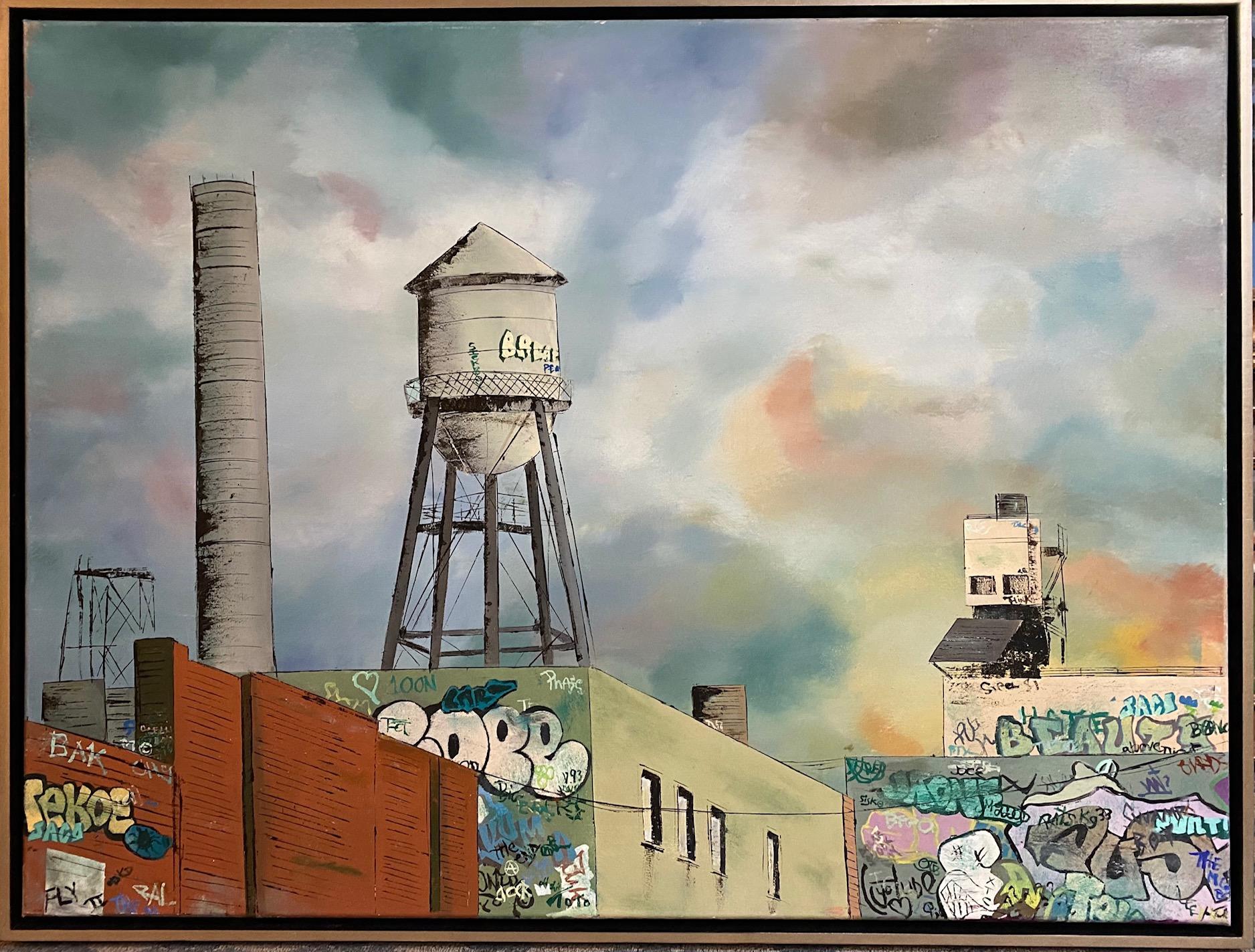 Water Tower, NYC, original 30x40 expressionist Brooklyn landscape - Painting by Jim Twerell