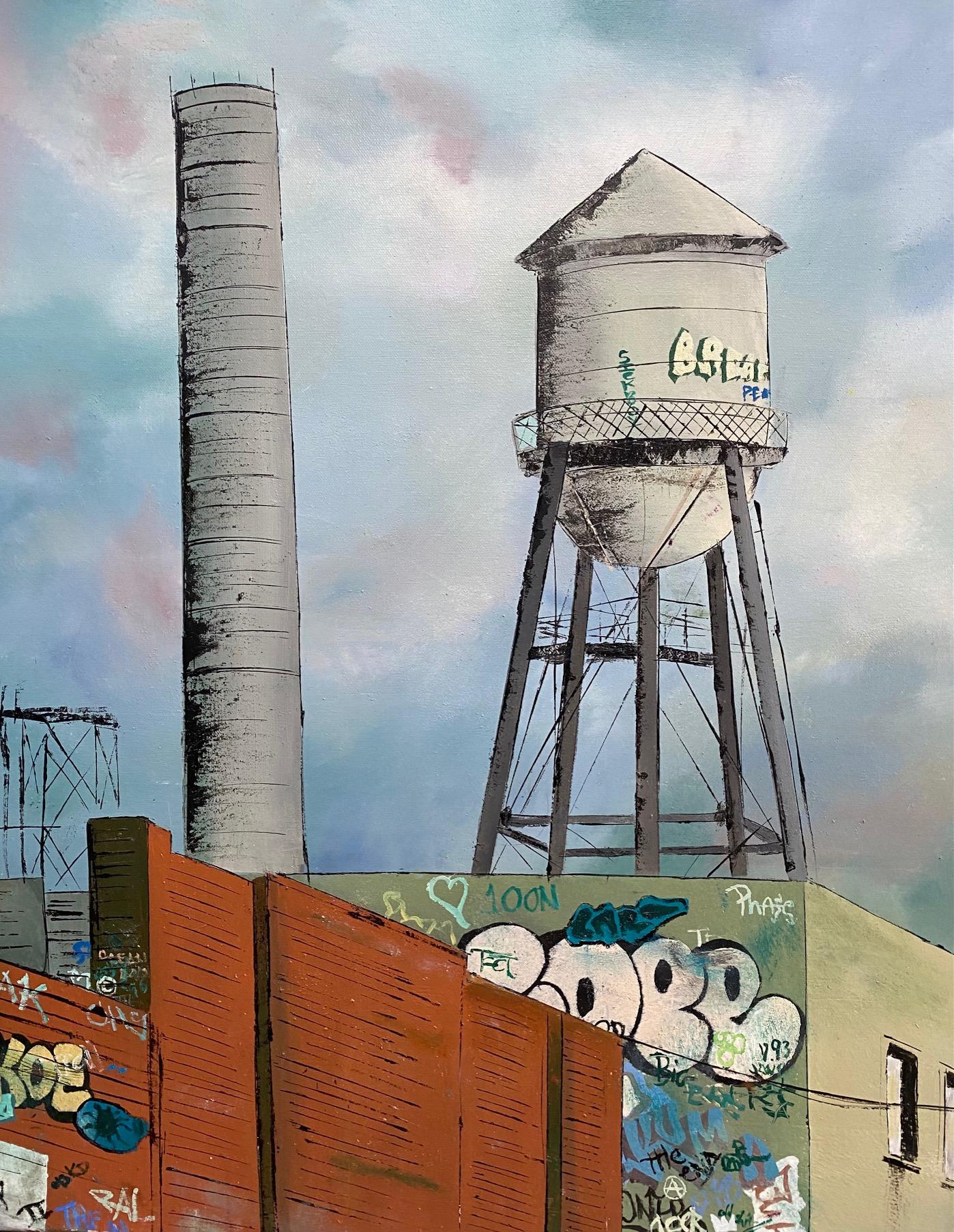 Water Tower, NYC, original 30x40 expressionist Brooklyn landscape - Gray Landscape Painting by Jim Twerell