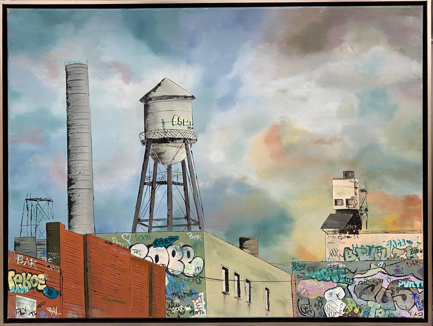 Jim Twerell Landscape Painting - Water Tower, NYC, original 30x40 expressionist Brooklyn landscape