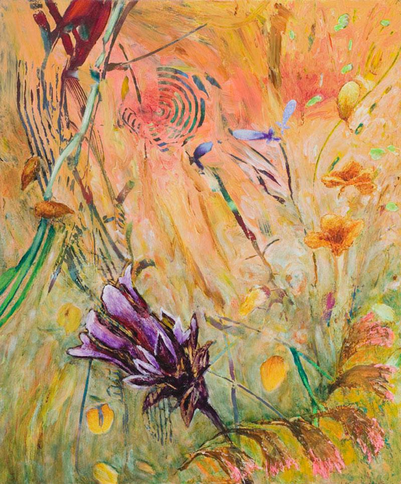 Jim Waid 2007, Early Morn, acrylic on canvas, 36 x 30 in.

Tranquil and calm abstract impressionist landscape painting featuring flowers, plants, and sunlight in yellow, purple and green hues.

In his paintings, Jim Waid attempts to convey the