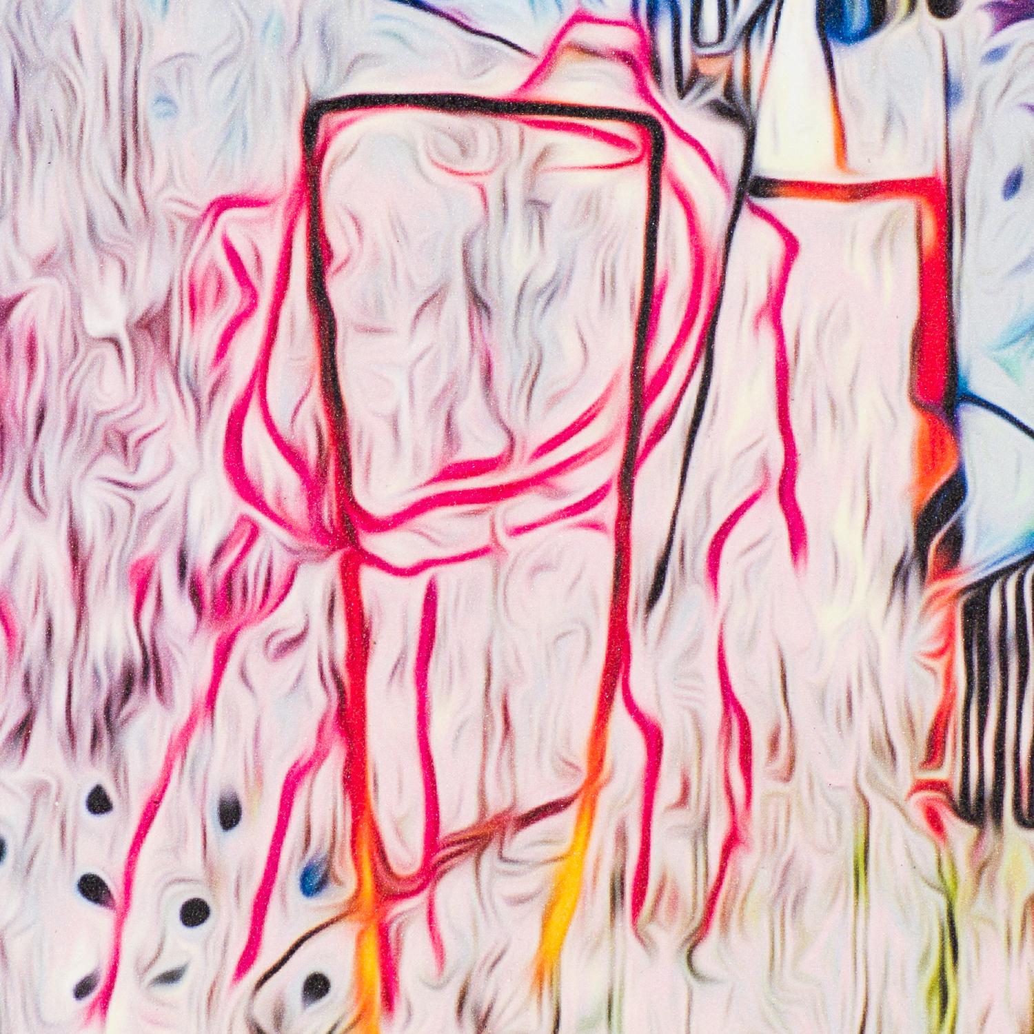 techniques mixtes sur papier 

Jim Waid crée des mondes abstraits saturés de couleurs, recouverts de marques, remplis de rythme et de mouvement, et dotés d'une texture complexe. Ses toiles contiennent à peine le paysage qui y est peint ; luxuriantes