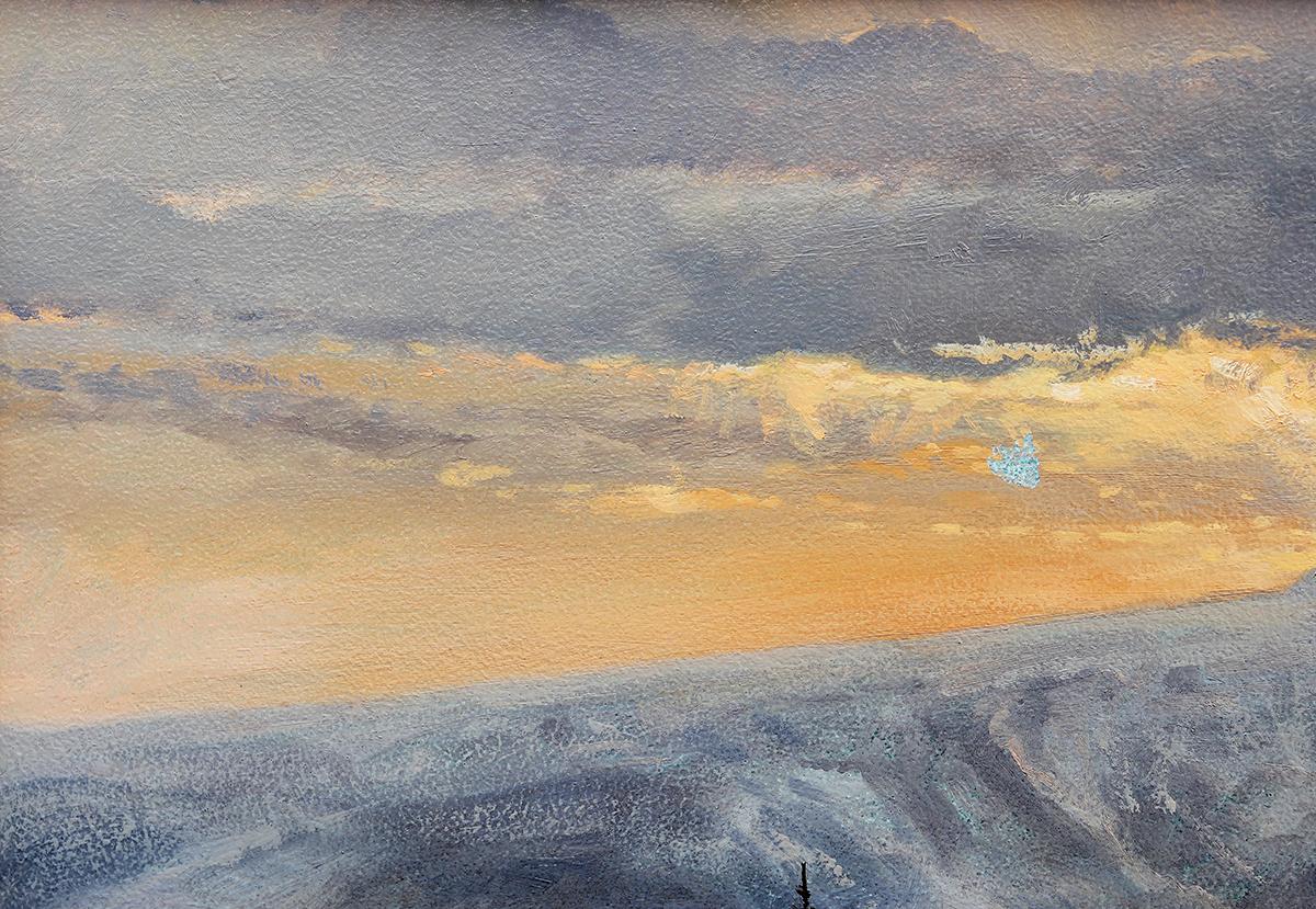Pastel blue toned naturalistic landscape depicting a beautiful sunset at Grand Teton National Park by Wyoming artist Jim Wilcox. Framed and matted in a red stained wooden frame. Signed 