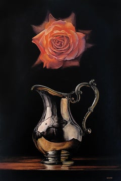 "Equinoccio de otoño" - pintura de rosas, naturaleza muerta, realismo botánico, recipiente