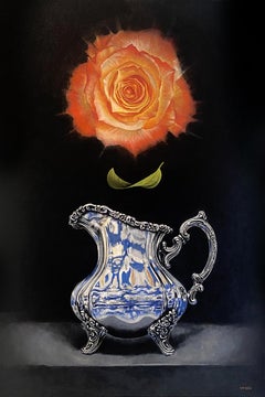 "Solsticio de Verano" - pintura de rosas, naturaleza muerta, realismo botánico, naranja
