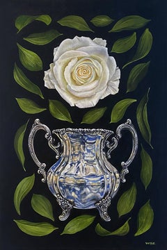 "Equinoccio de primavera" - pintura de rosas, naturaleza muerta, realismo botánico, cielo, recipiente