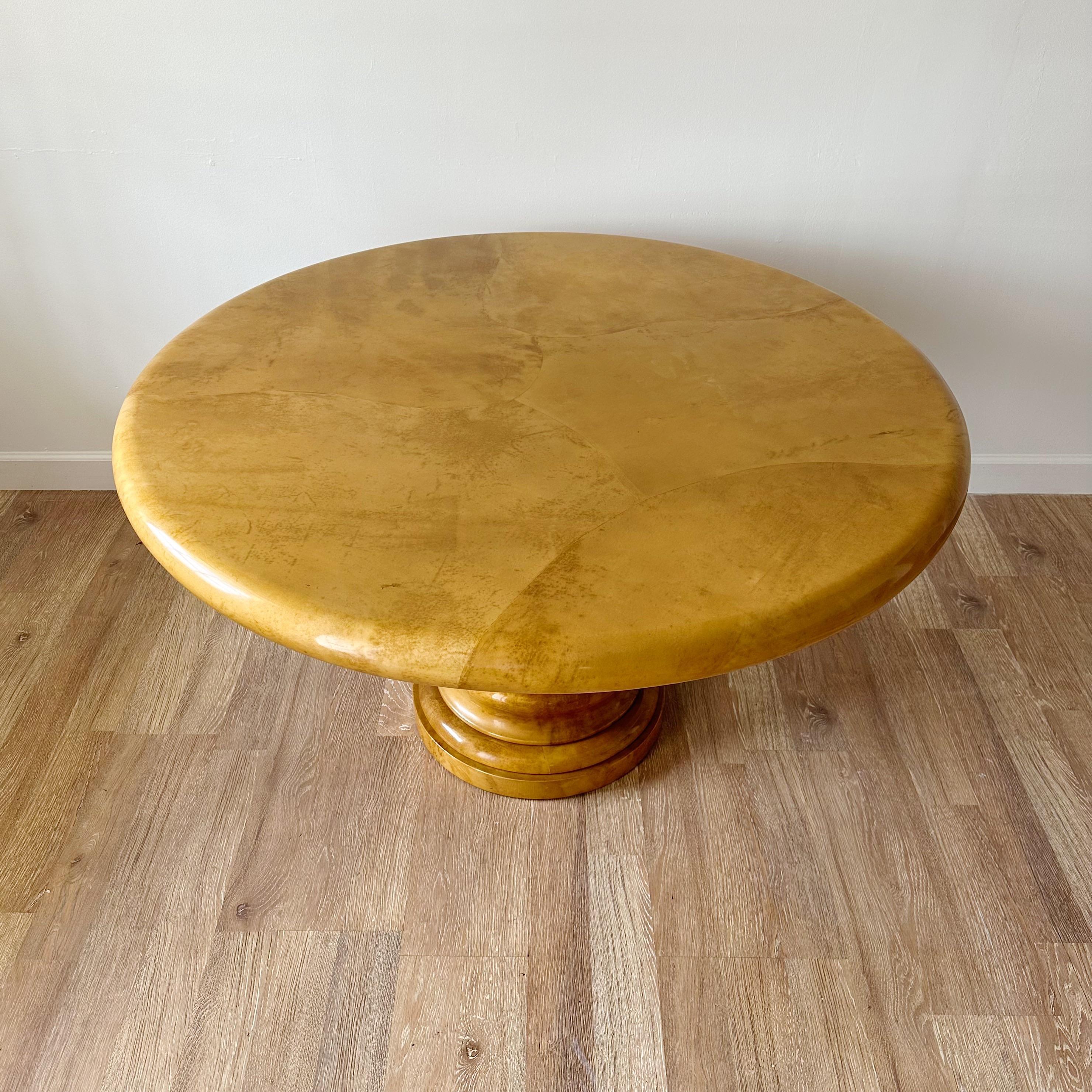 Jimeco parchment center table with circular goatskin top and pedestal with parchment overlay. Vintage item from the 1980s, original label underneath reads 