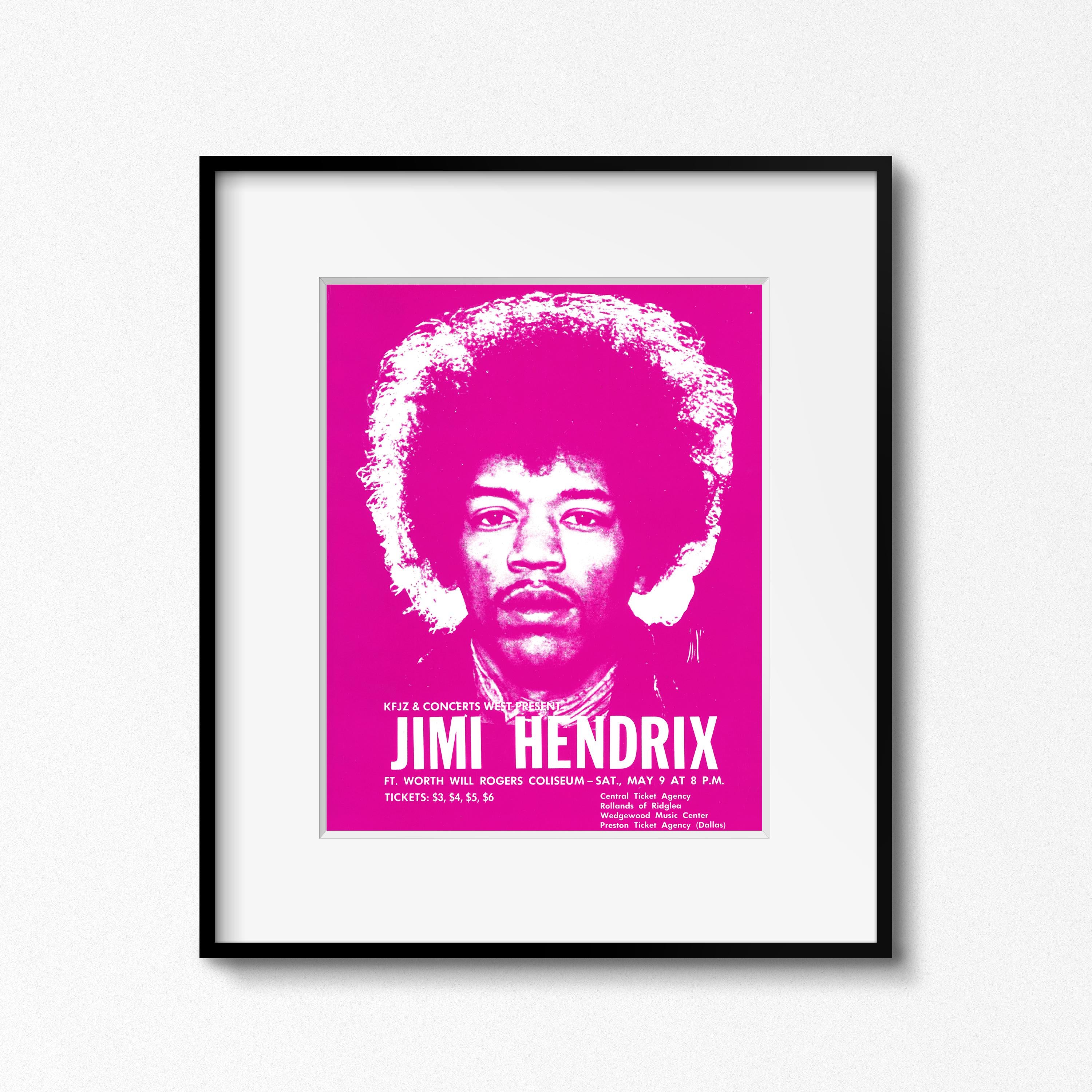 A striking handbill for a performance by Jimi Hendrix at the Will Rogers Coliseum in Ft. Worth, Texas, on 9th May 1970, during The Cry of Love Tour. The concert was a makeup show for a cancelled performance at the Will Rogers Coliseum, originally