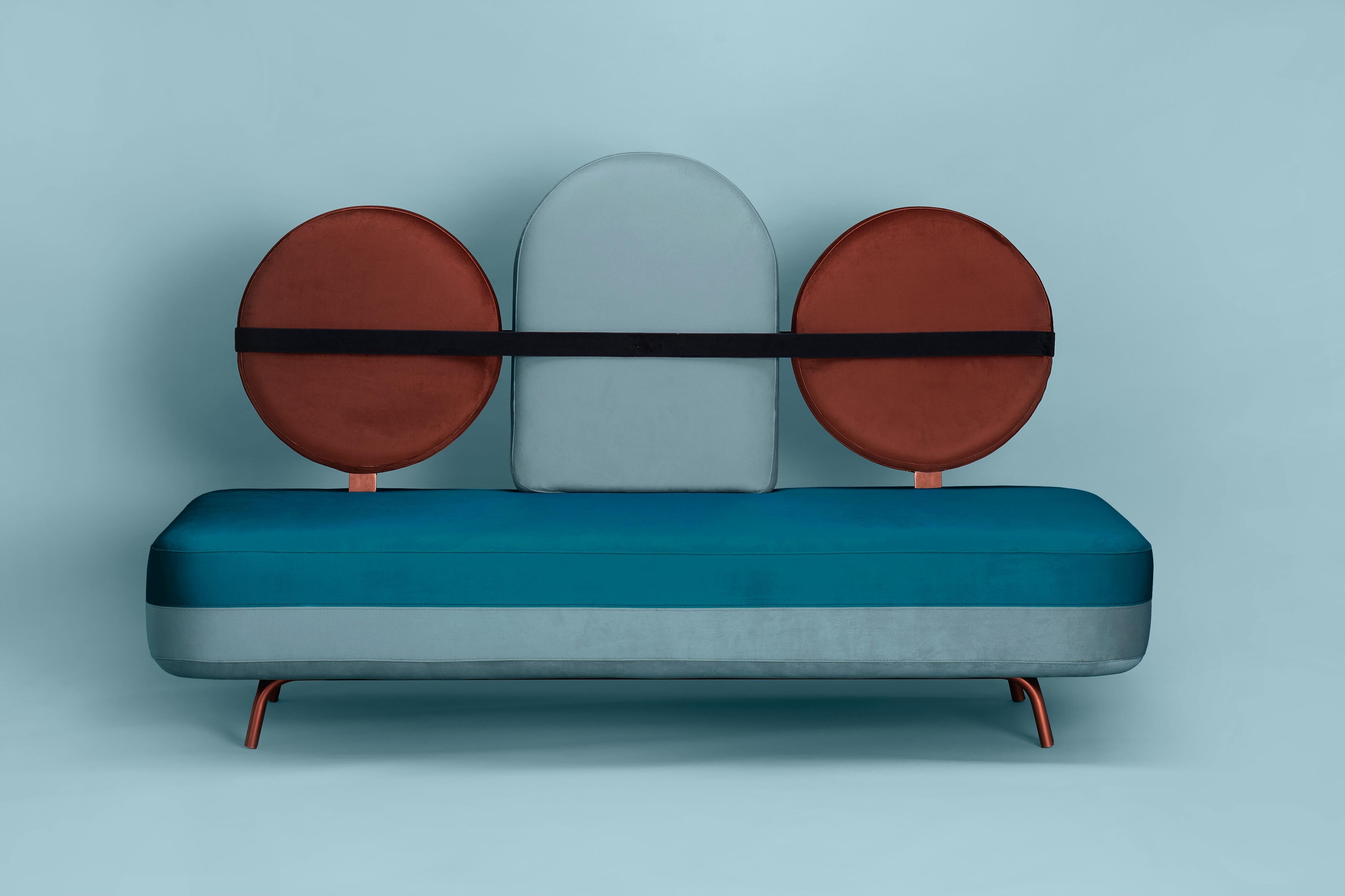 Spanish Jimi Sofa in Blue and Red Velvet and Upholstery For Sale