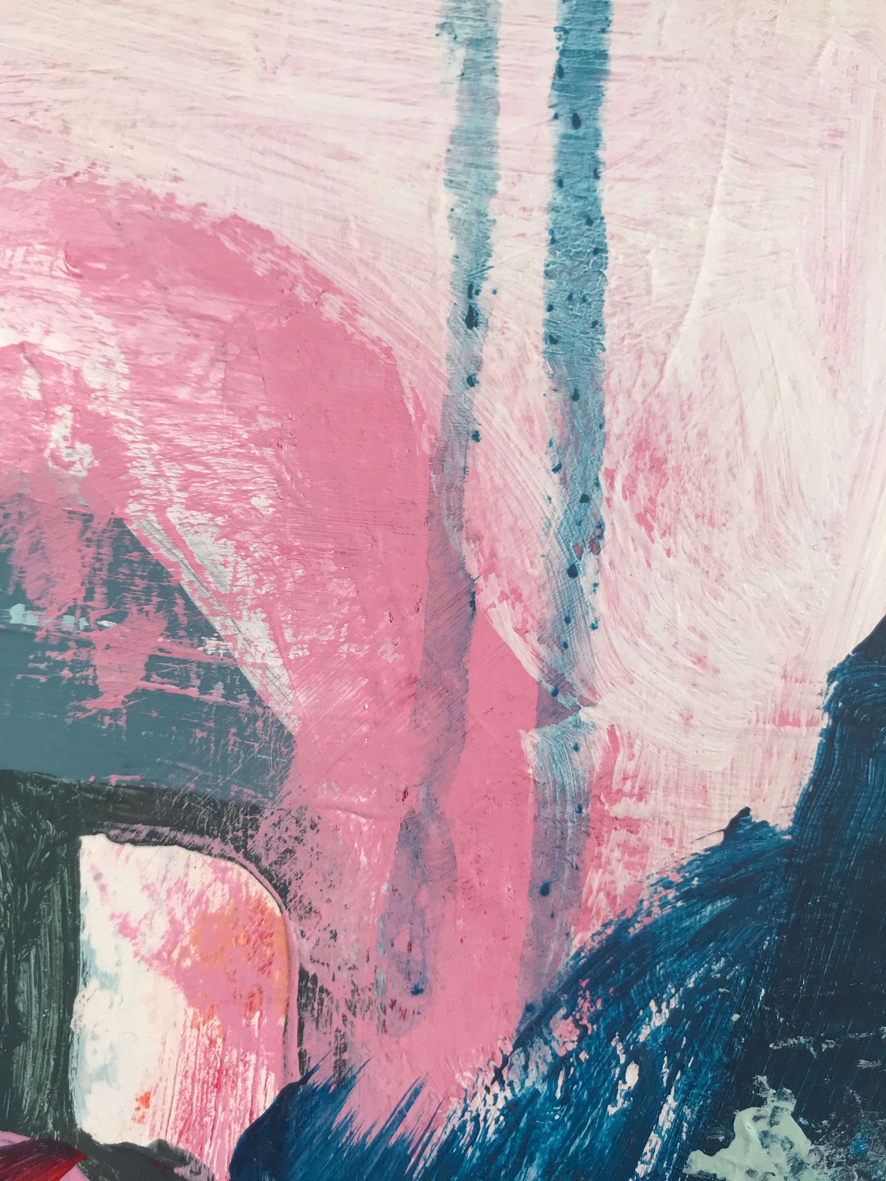 Jimmie James’ “a dirty road” is an abstract 16.5 x 16.5 inch acrylic on watercolor paper painting in a palette of blues and pale sage greens on a pale pinky white background.  Pops of pink and red appear through the open gestural work.  Intentional