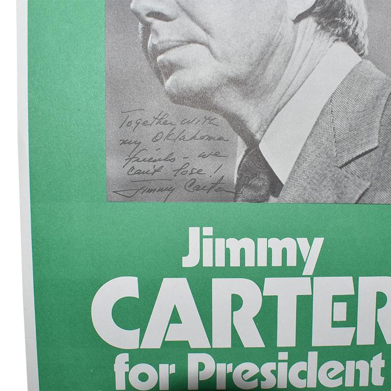 Printed Jimmy Carter Campaign flyer. This piece features a handwritten note to Oklahomans. These pieces were copied and printed to pass out to Oklahomans during Carter's election Campaign. Blank on the back, and the front shows a photo of Jimmy