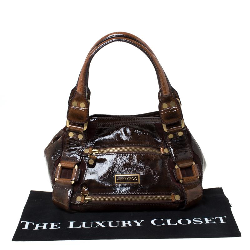 Jimmy Choco Brown Patent Leather and Suede Mahala Satchel 5
