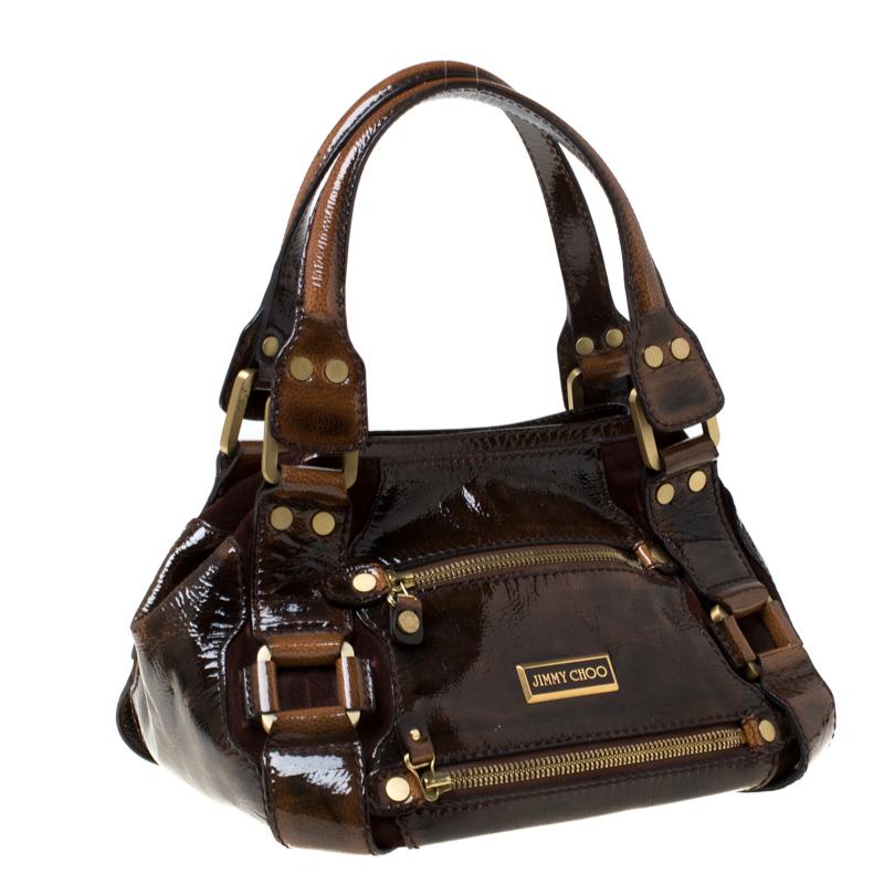 Jimmy Choco Brown Patent Leather and Suede Mahala Satchel In Good Condition In Dubai, Al Qouz 2