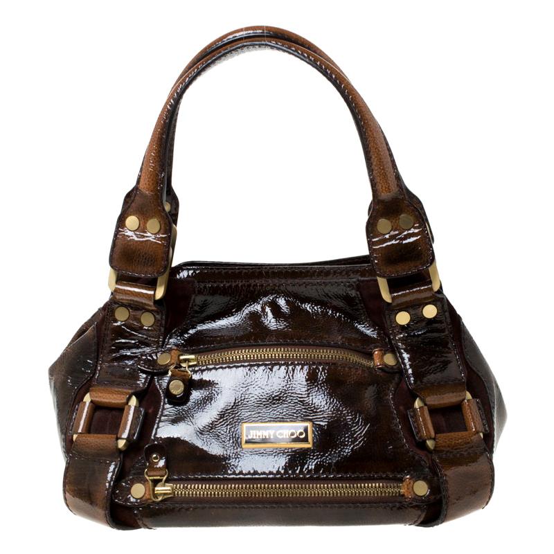 Jimmy Choco Brown Patent Leather and Suede Mahala Satchel