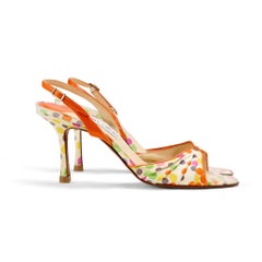 Tacchi con cinturino posteriore in seta a pois arancioni Jimmy Choo degli anni 2000