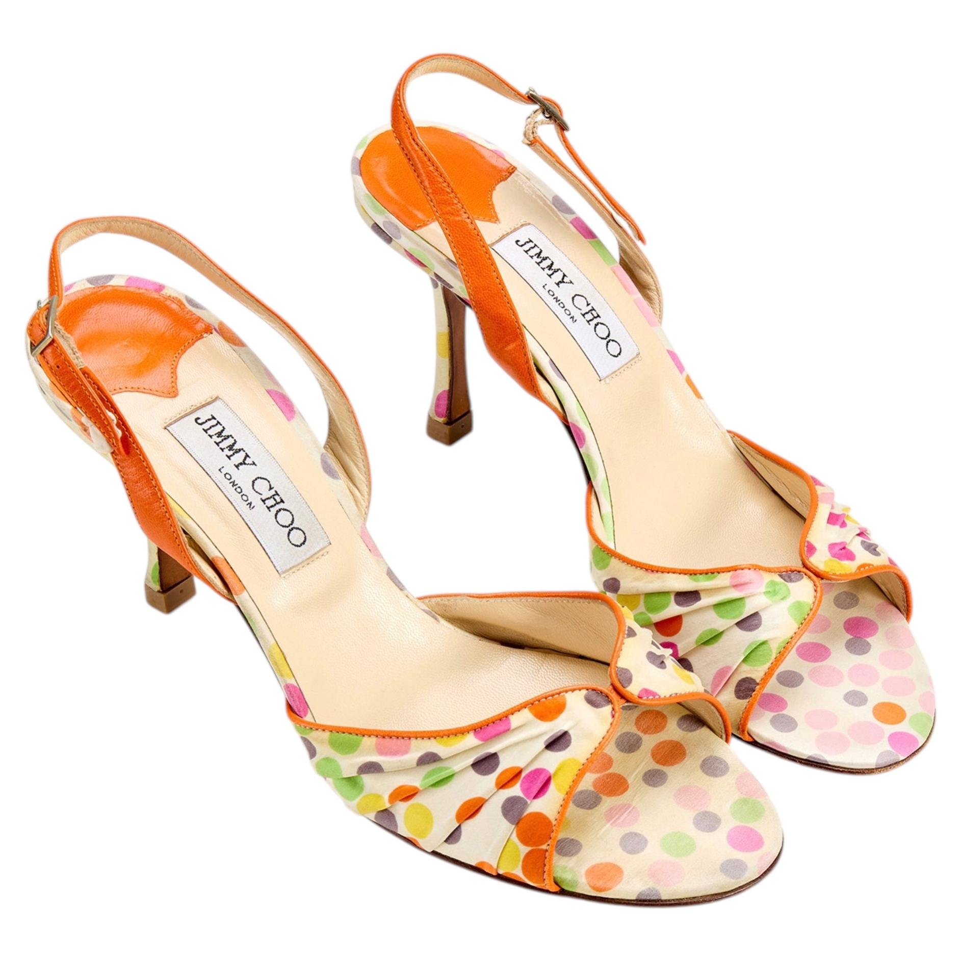 Jimmy Choo 2000s Orange Polkadot Silk Slingback Heels