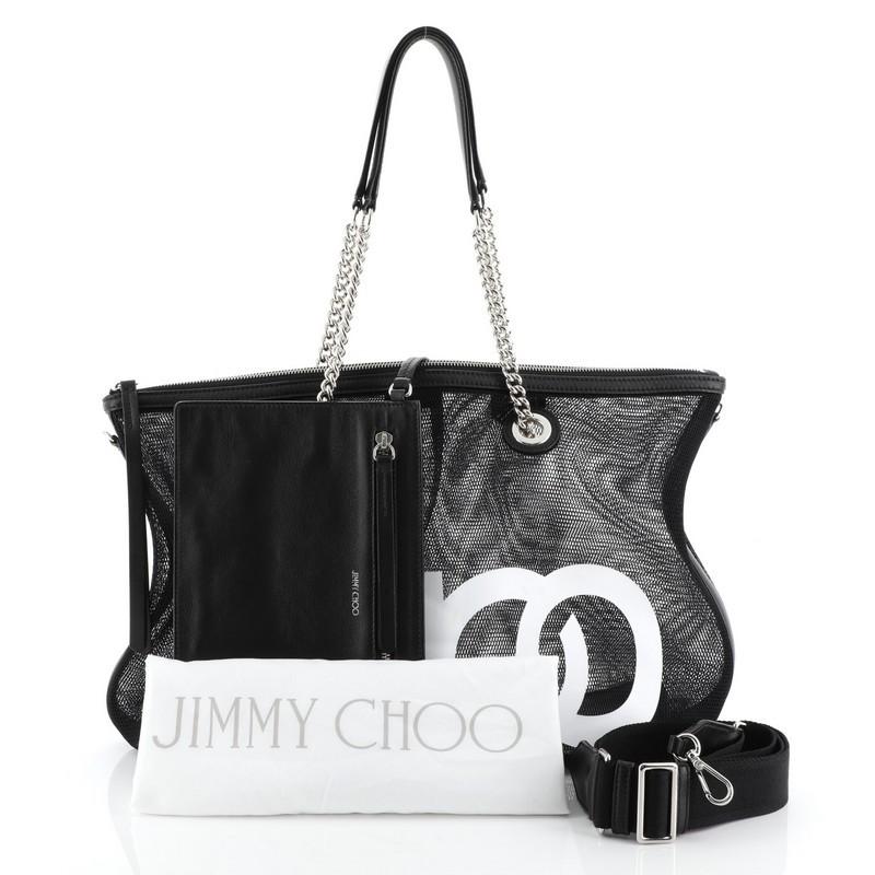 This Jimmy Choo Allegra Tote Printed Mesh Large, crafted in black mesh, leather, and fabric, features dual chain-link handles with leather pads, statement white CHOO lettering and silver-tone hardware. Its zip closure opens to a black leather and