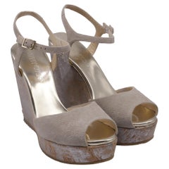 Jimmy Choo Ankle Strap Cork Wedge Sandals in Beige Suede