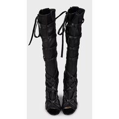 Jimmy Choo Anneli Open Toe Leather Stiletto Boots Black Size 38