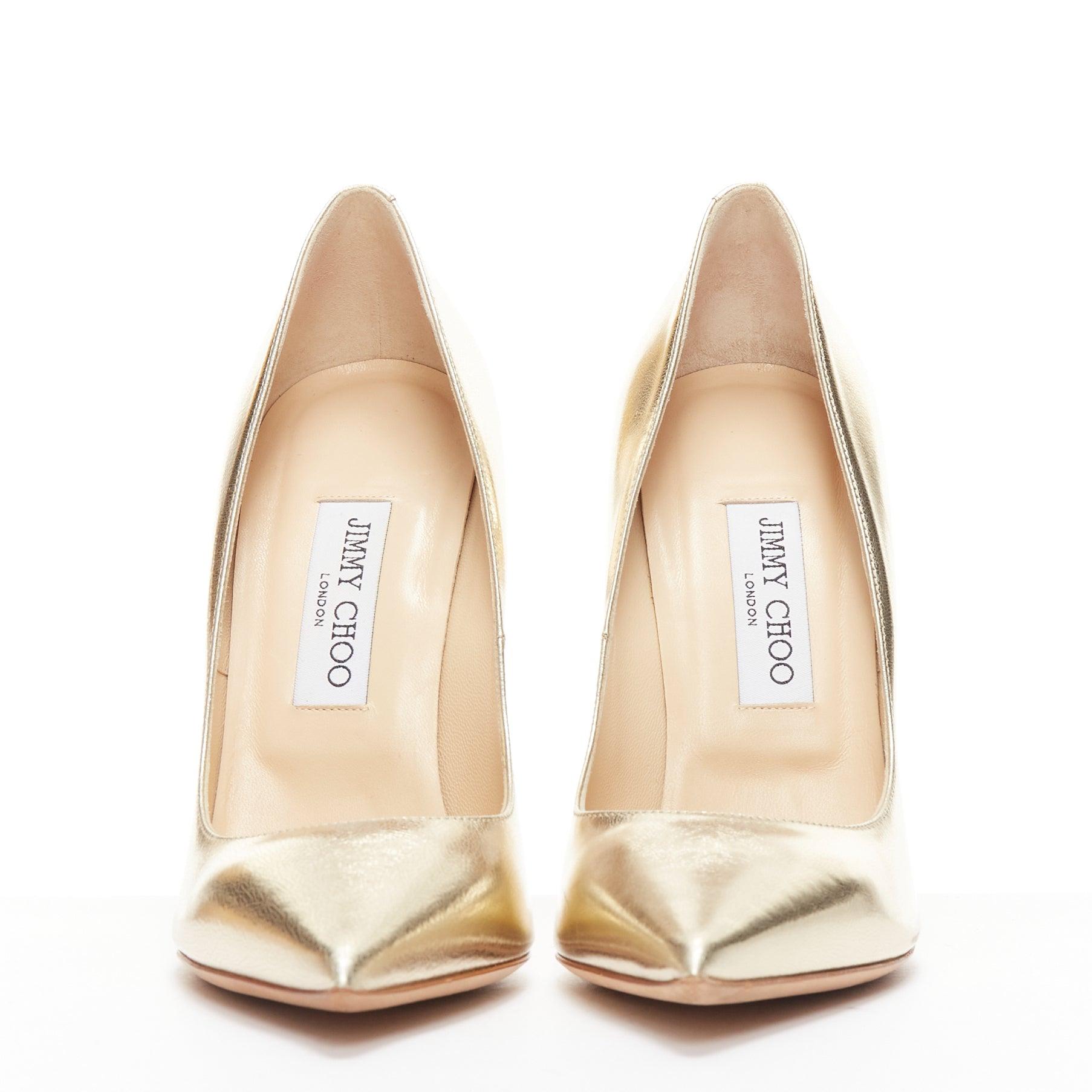 Gold JIMMY CHOO Anouk gold metallic leather classic pointy toe stiletto pumps EU39
