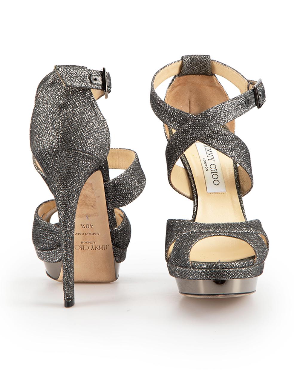 Jimmy Choo Anthracite Glitter Heeled Sandals Size IT 40.5 In Excellent Condition In London, GB