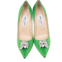 Jimmy Choo Apple Green Satin Manda Crystal Embellished Pointed Toe Pumps Size 41