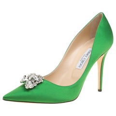 Jimmy Choo Apple Green Satin Manda Crystal Embellished Pointed Toe Pumps Size 41